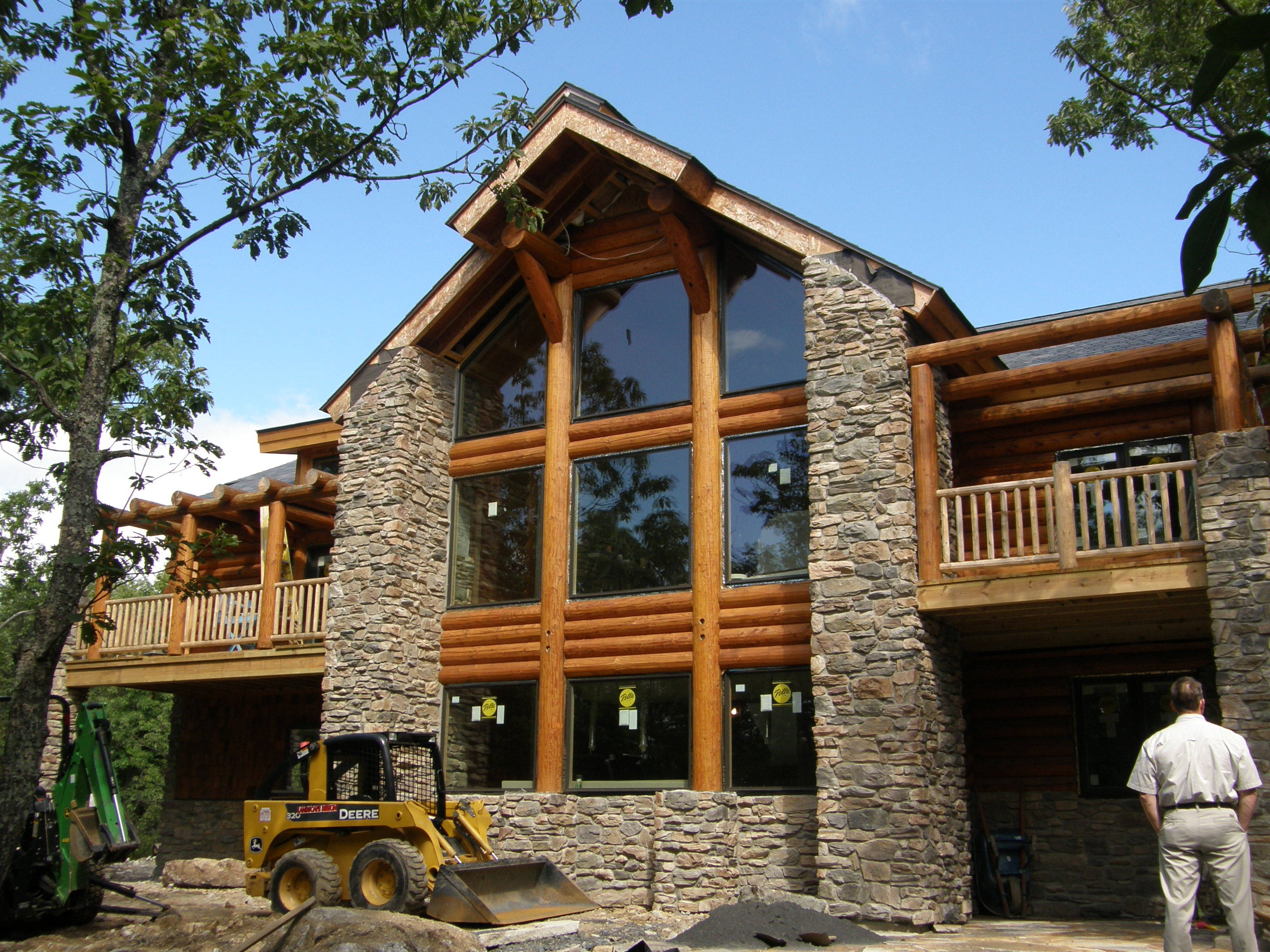 modern wooden house design, rustic log cabin, stone pillars, 2K Desktop Wallpaper