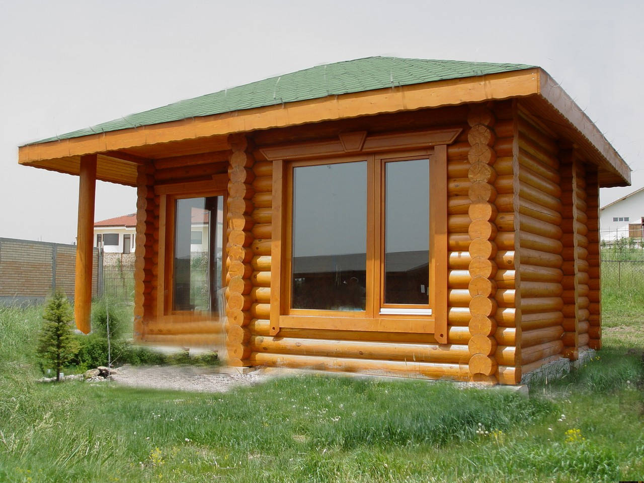 simple wooden house design, rustic log cabin, green roof, HD Desktop Wallpaper