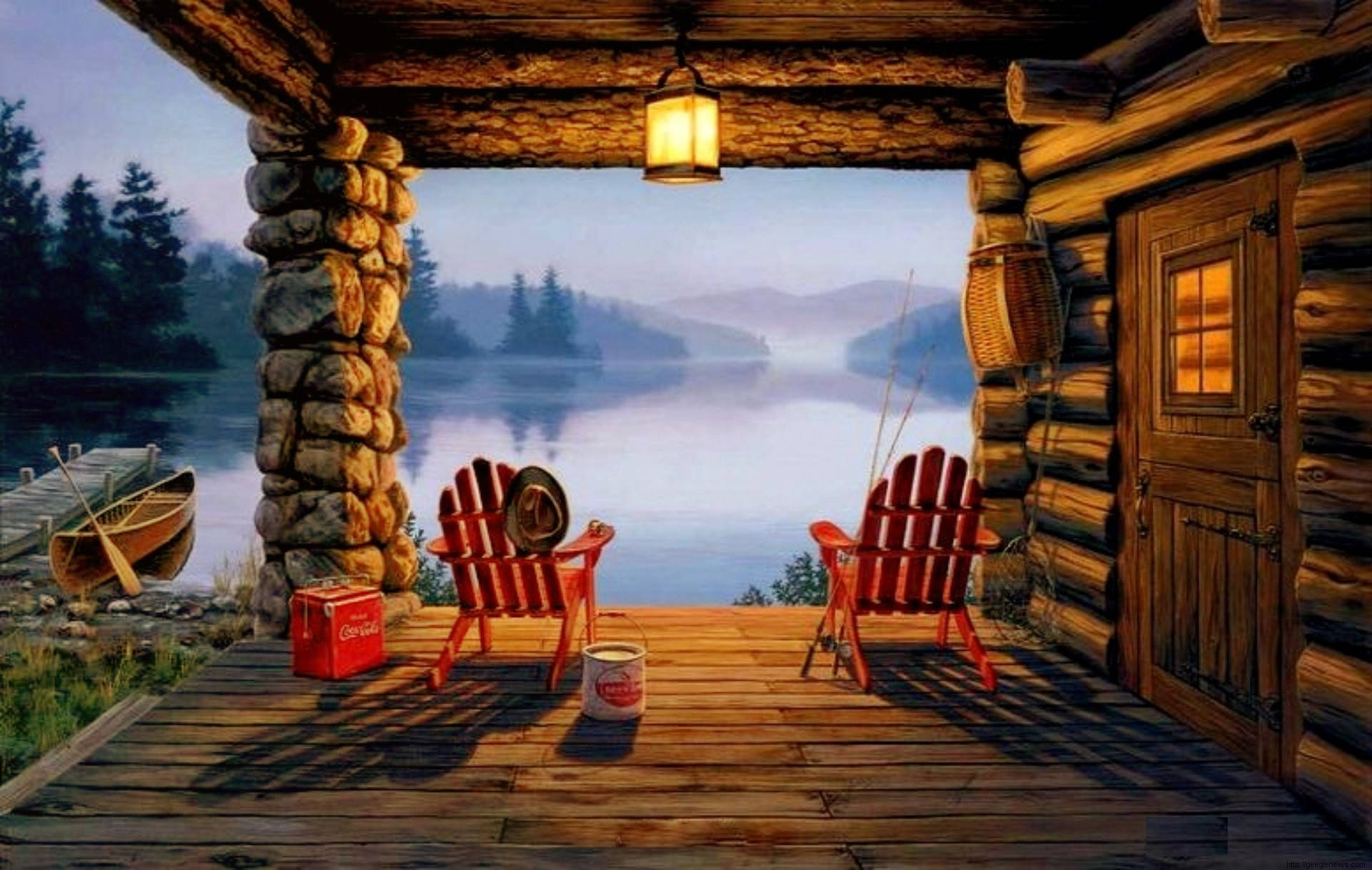 wooden house, red Adirondack chairs, misty lake, Full HD Desktop Wallpaper