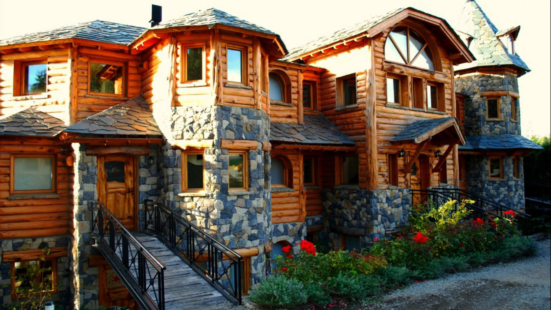 wooden house, stone bricks, rustic log cabin, Full HD Desktop Wallpaper
