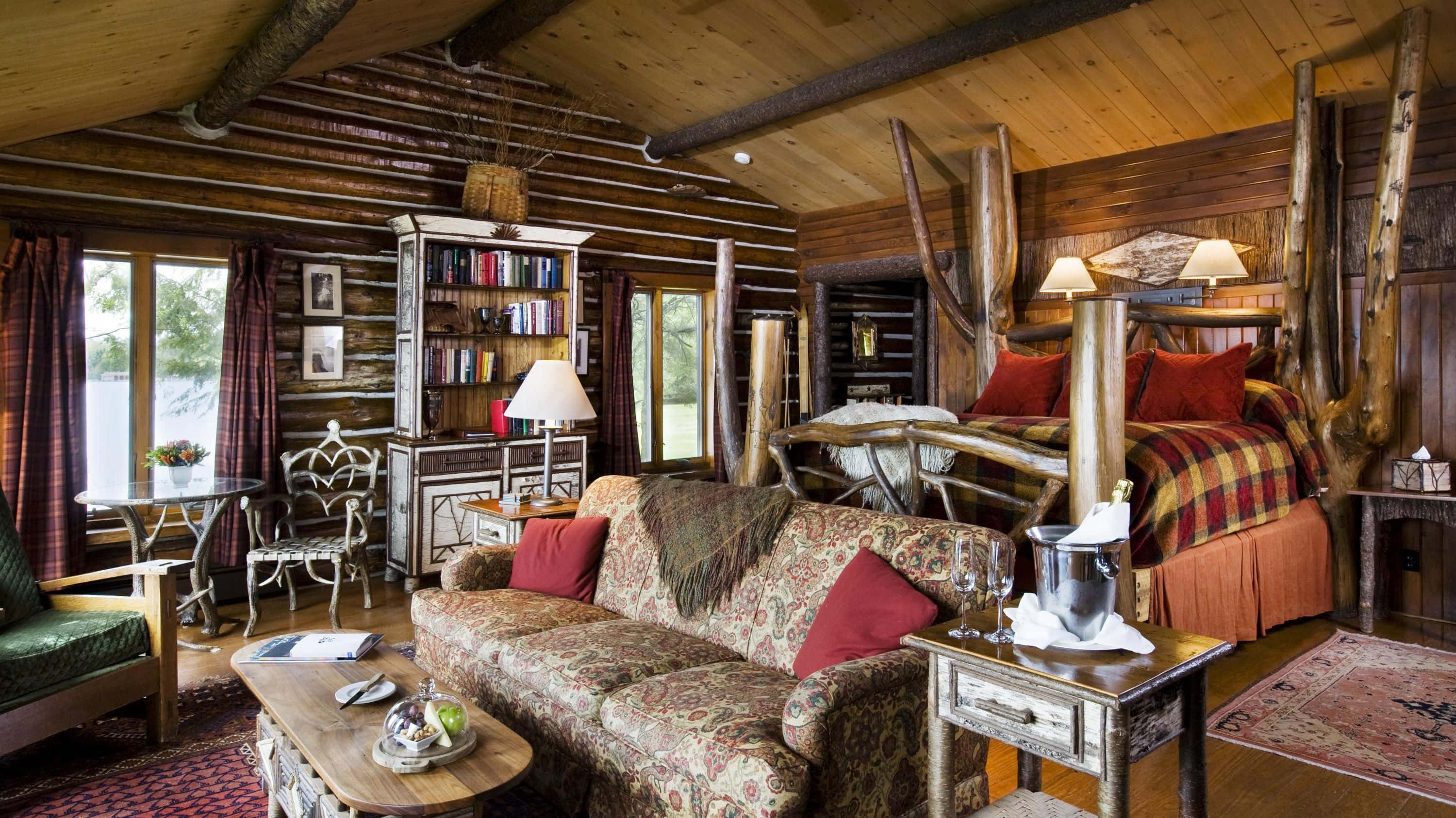 tiny house, log cabin, wooden beams, 2K Desktop Wallpaper