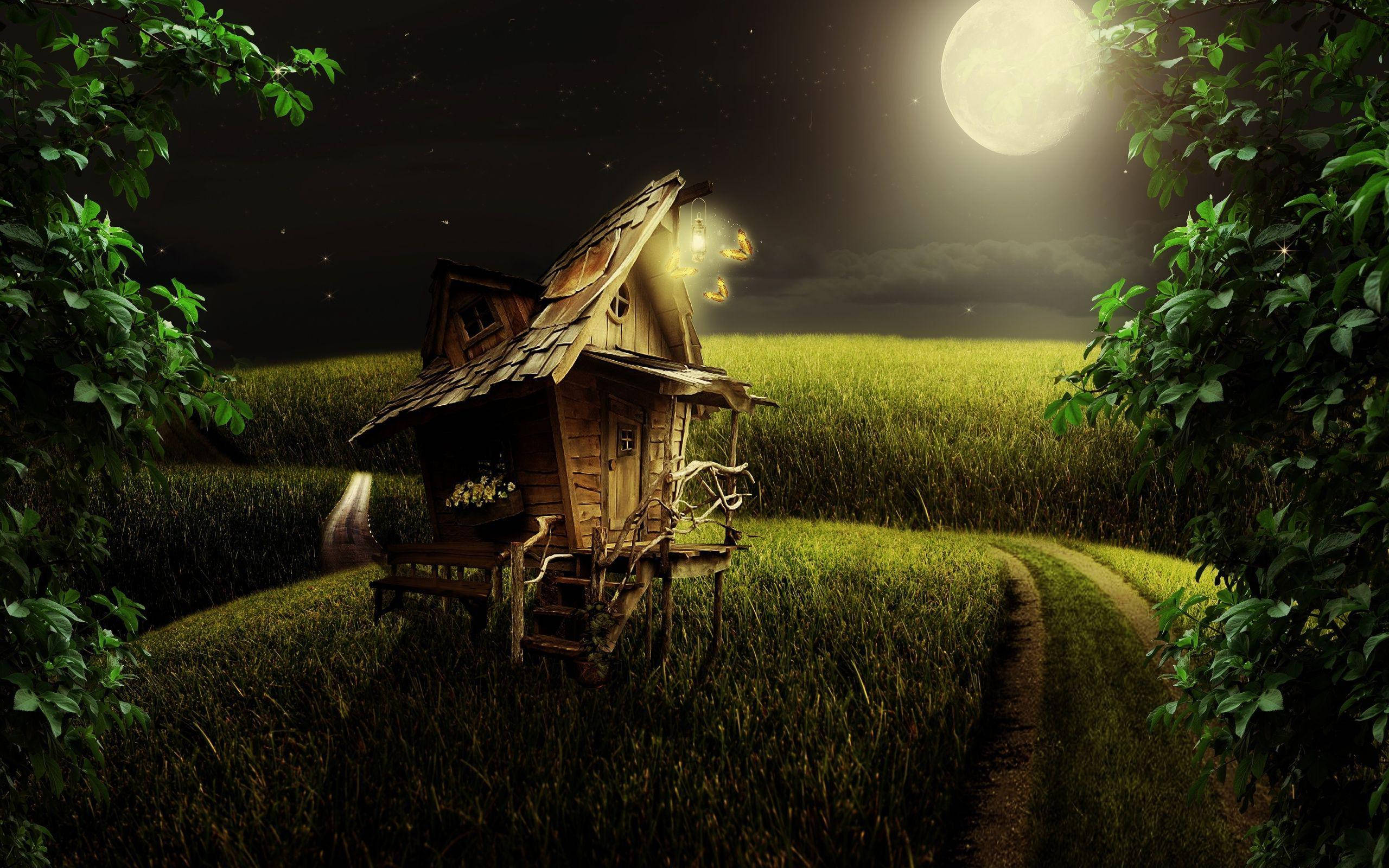 wooden cabin, moonlit field, glowing lanterns, 2K Desktop Wallpaper