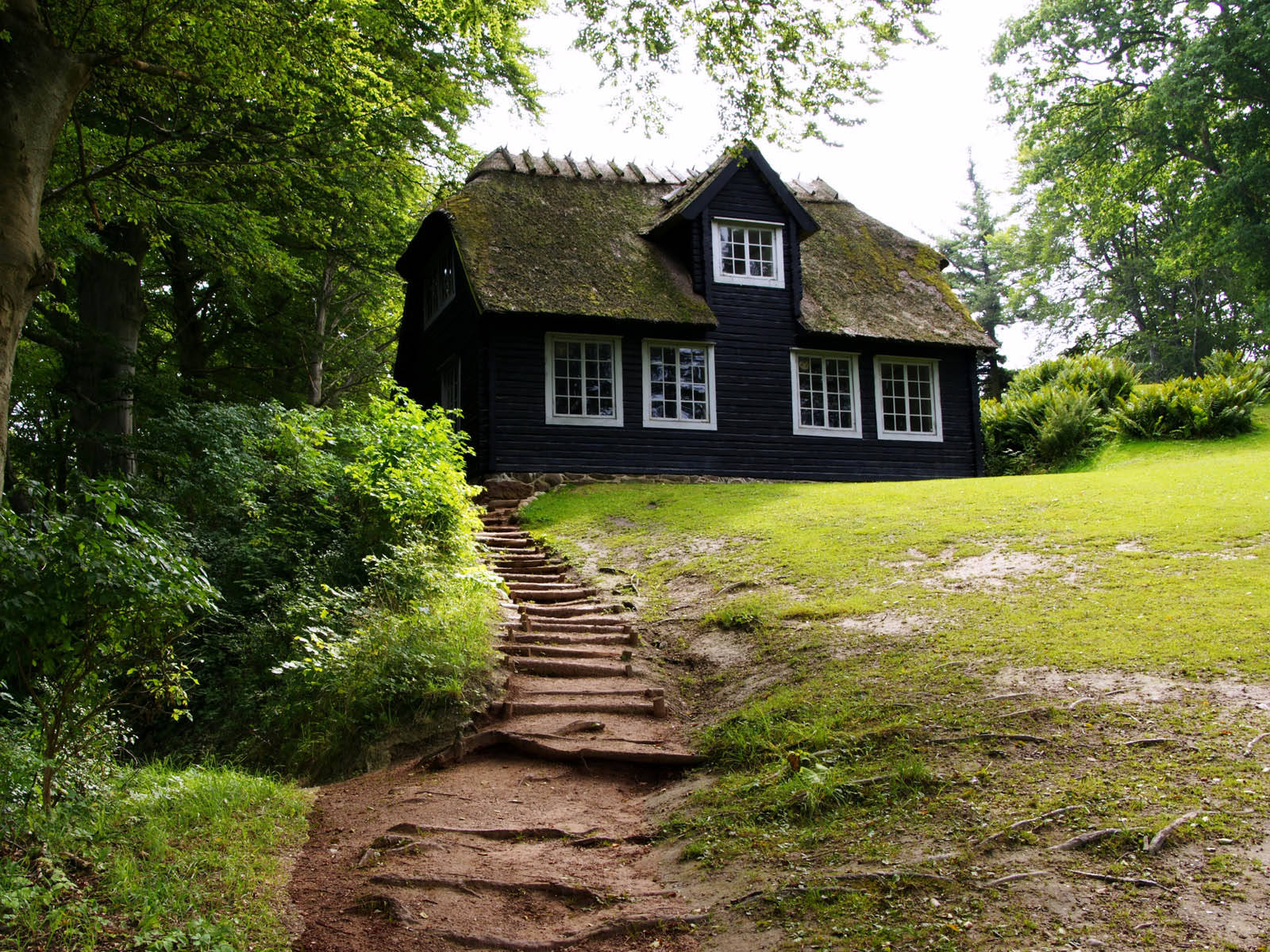 black wooden house, mossy thatched roof, stone staircase, HD Desktop Wallpaper
