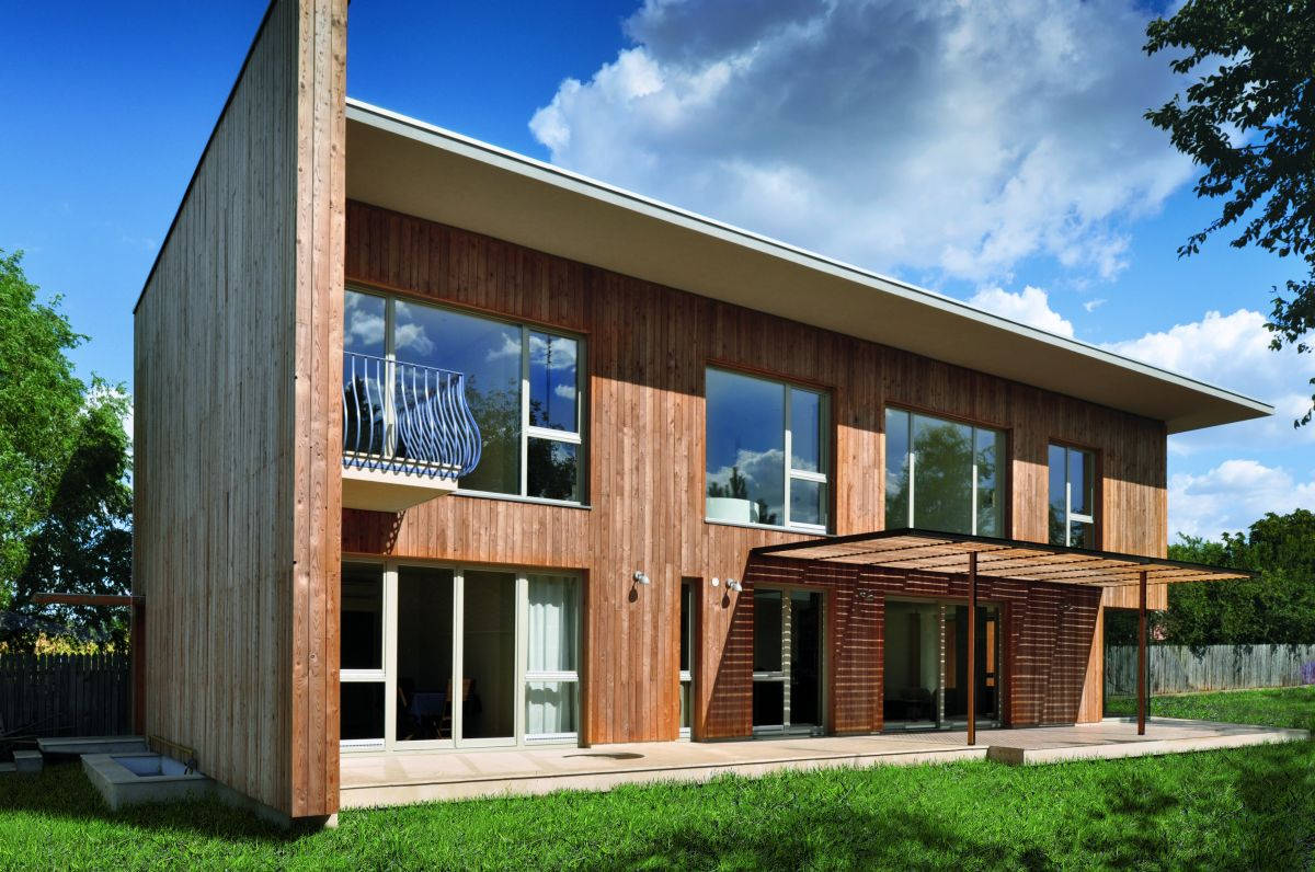 modern wooden house, large glass windows, balcony, SD Desktop Wallpaper