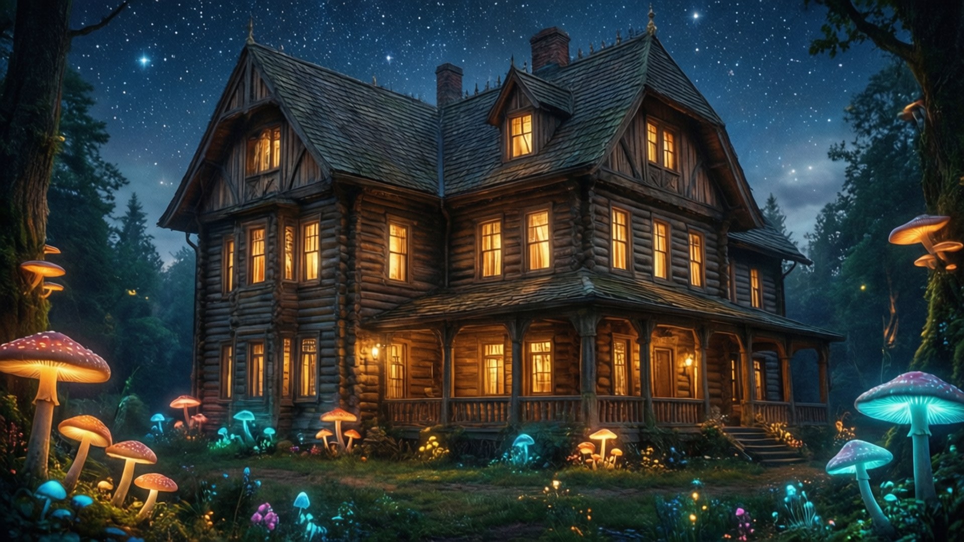 fantasy wooden mansion, glowing windows, starry night sky, Full HD Desktop Wallpaper