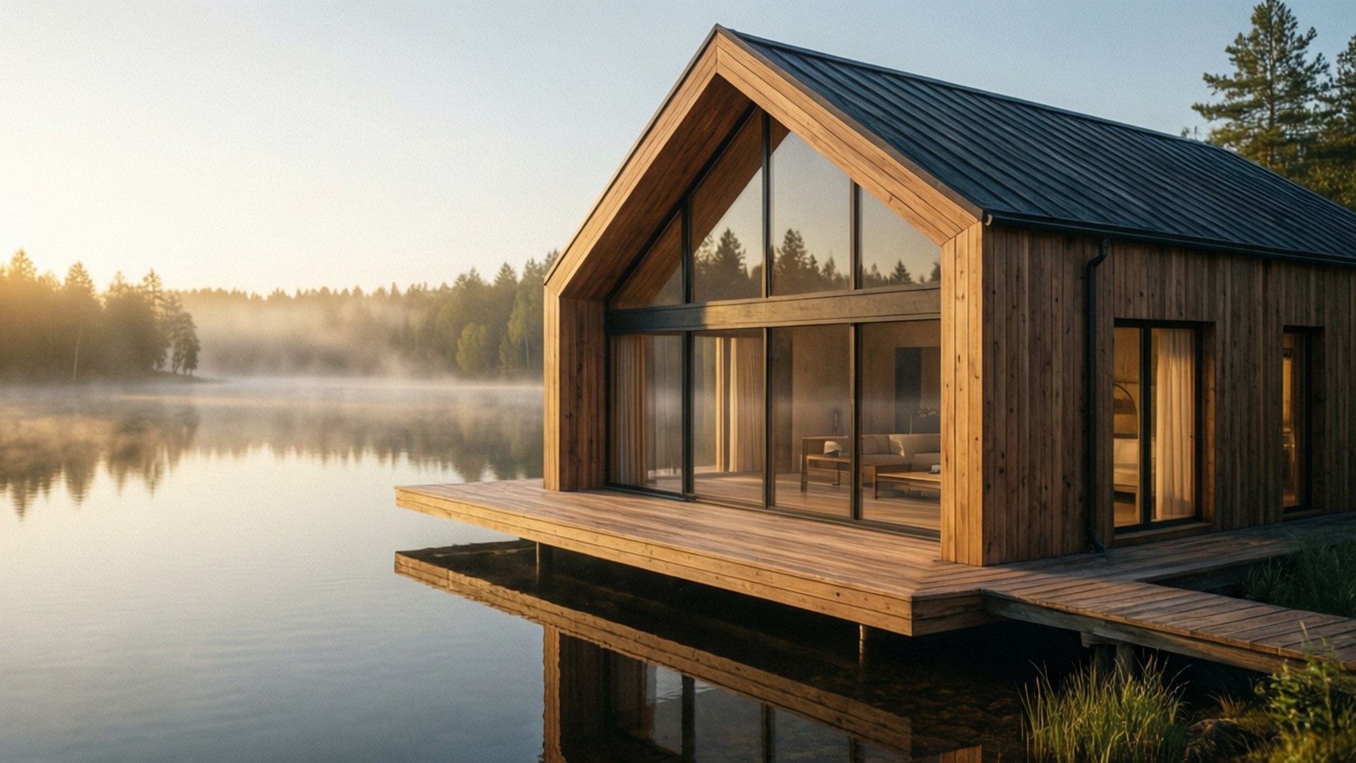 lakefront modern wood house, modern wooden cabin, large glass windows, Full HD Desktop Wallpaper