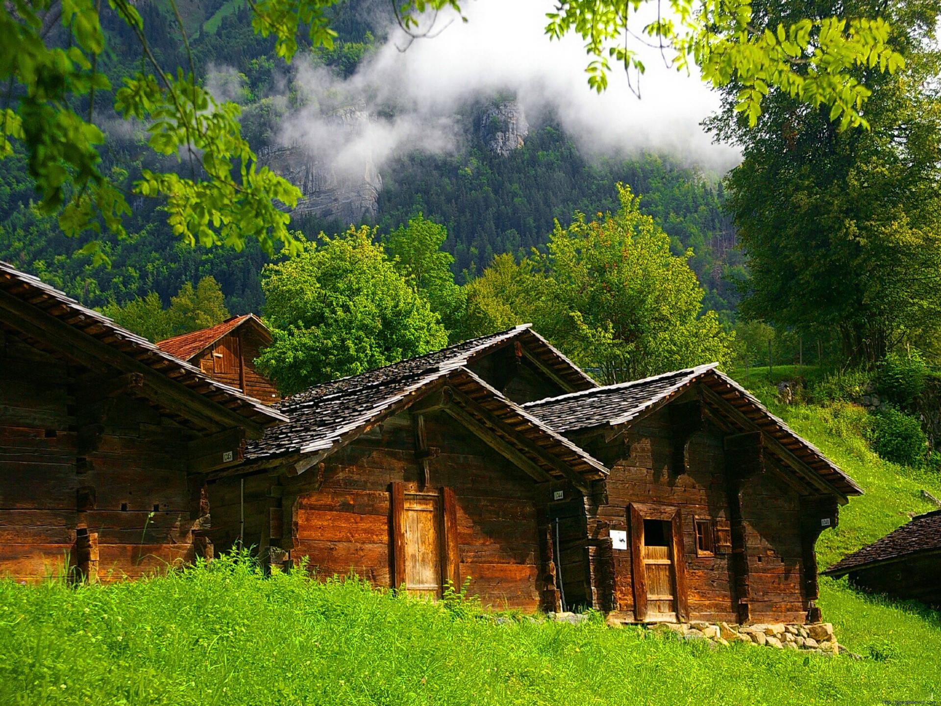 wooden bungalow, lush green meadows, misty forested mountains, Full HD Desktop Wallpaper
