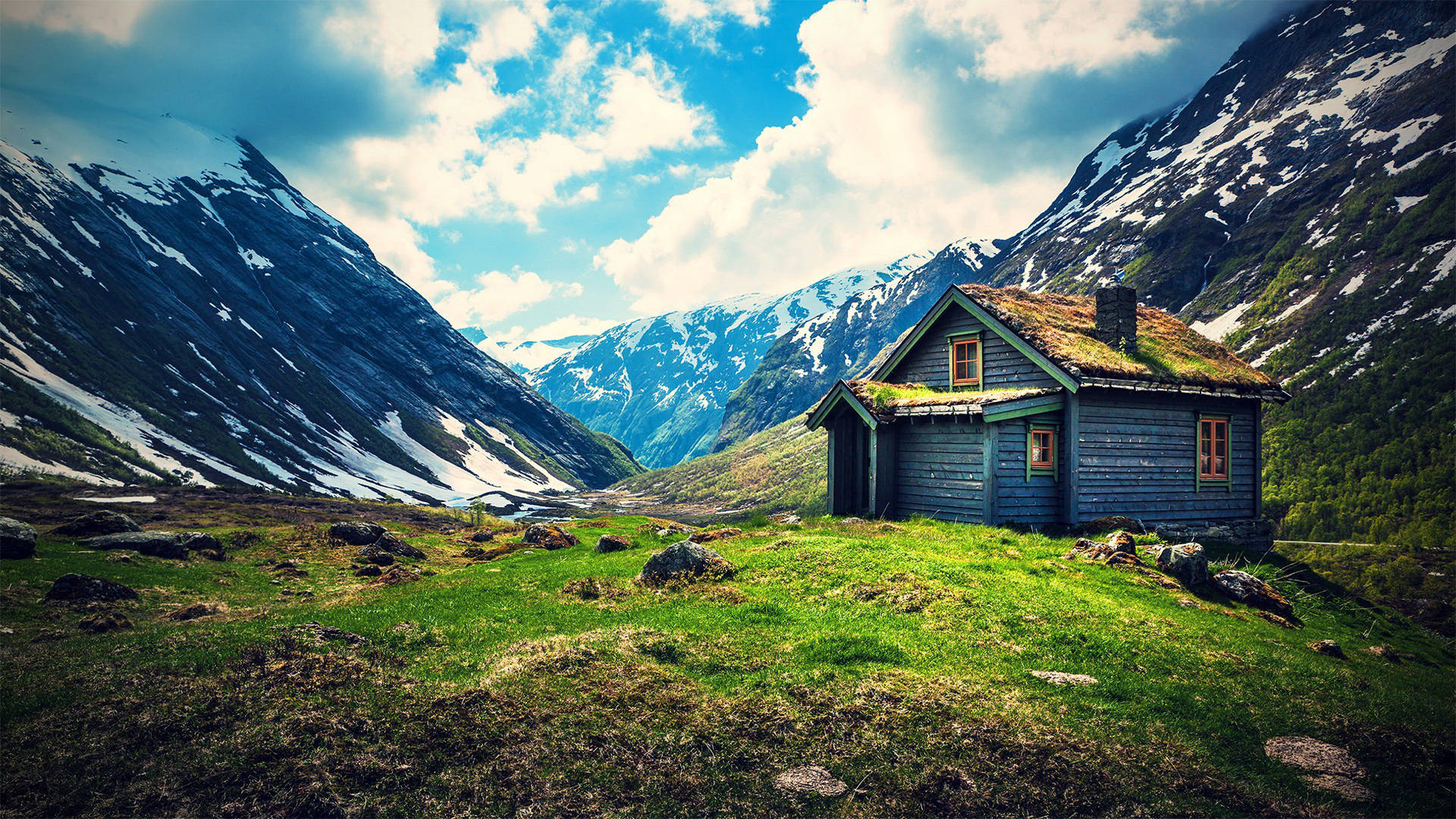 wooden cabin, moss roof, grassy hillside, Full HD Desktop Wallpaper