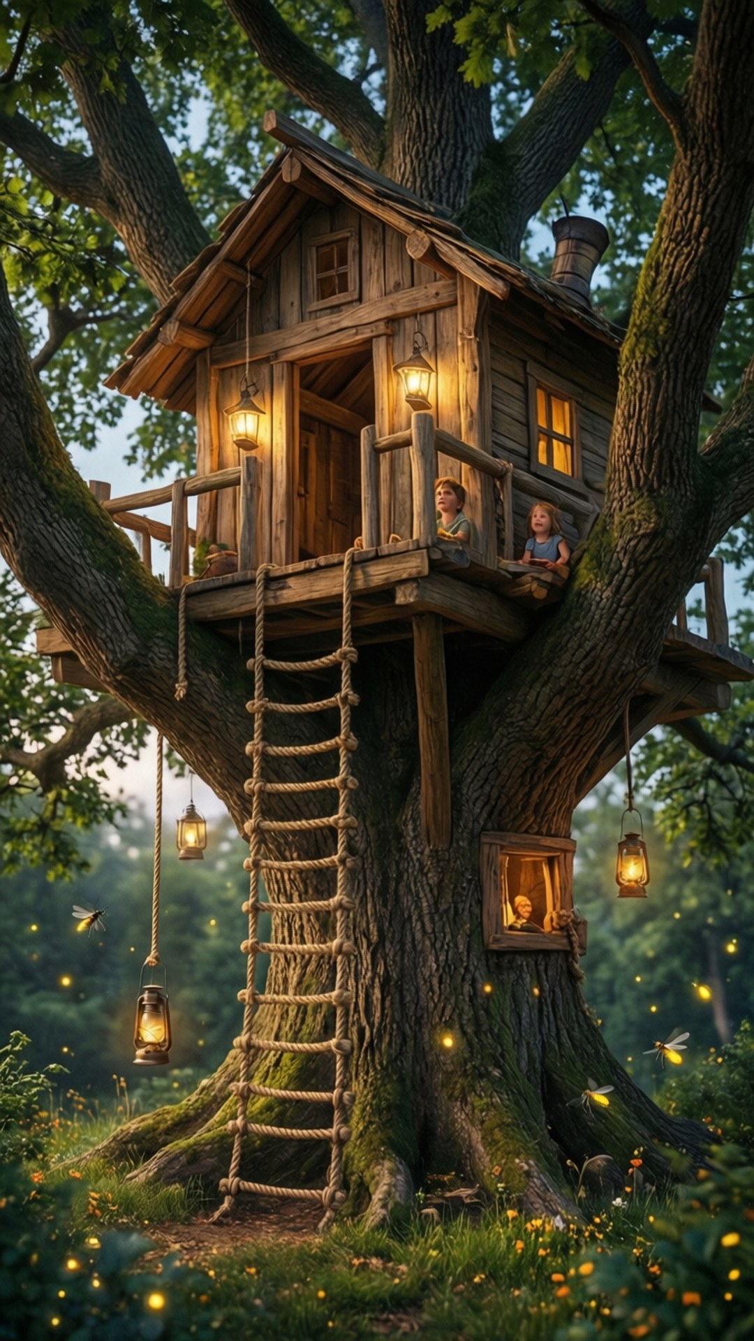 magical treehouse, giant mossy tree, glowing lanterns, Full HD Phone Wallpaper