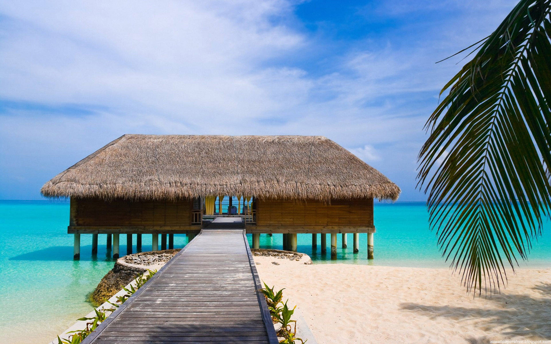 wooden overwater bungalow, thatched roof, stilts, Full HD Desktop Wallpaper