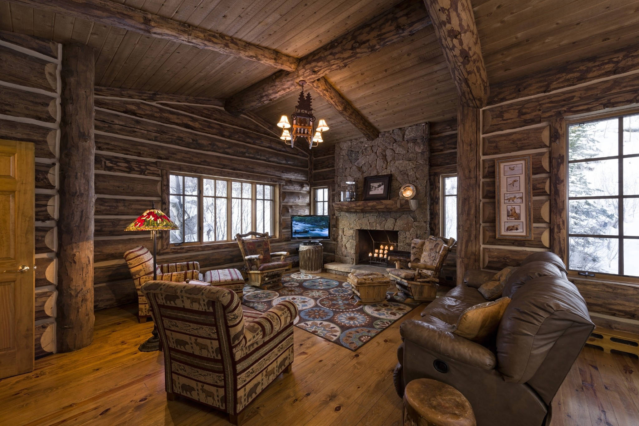 log cabin, wooden house, stone fireplace, Full HD Desktop Wallpaper