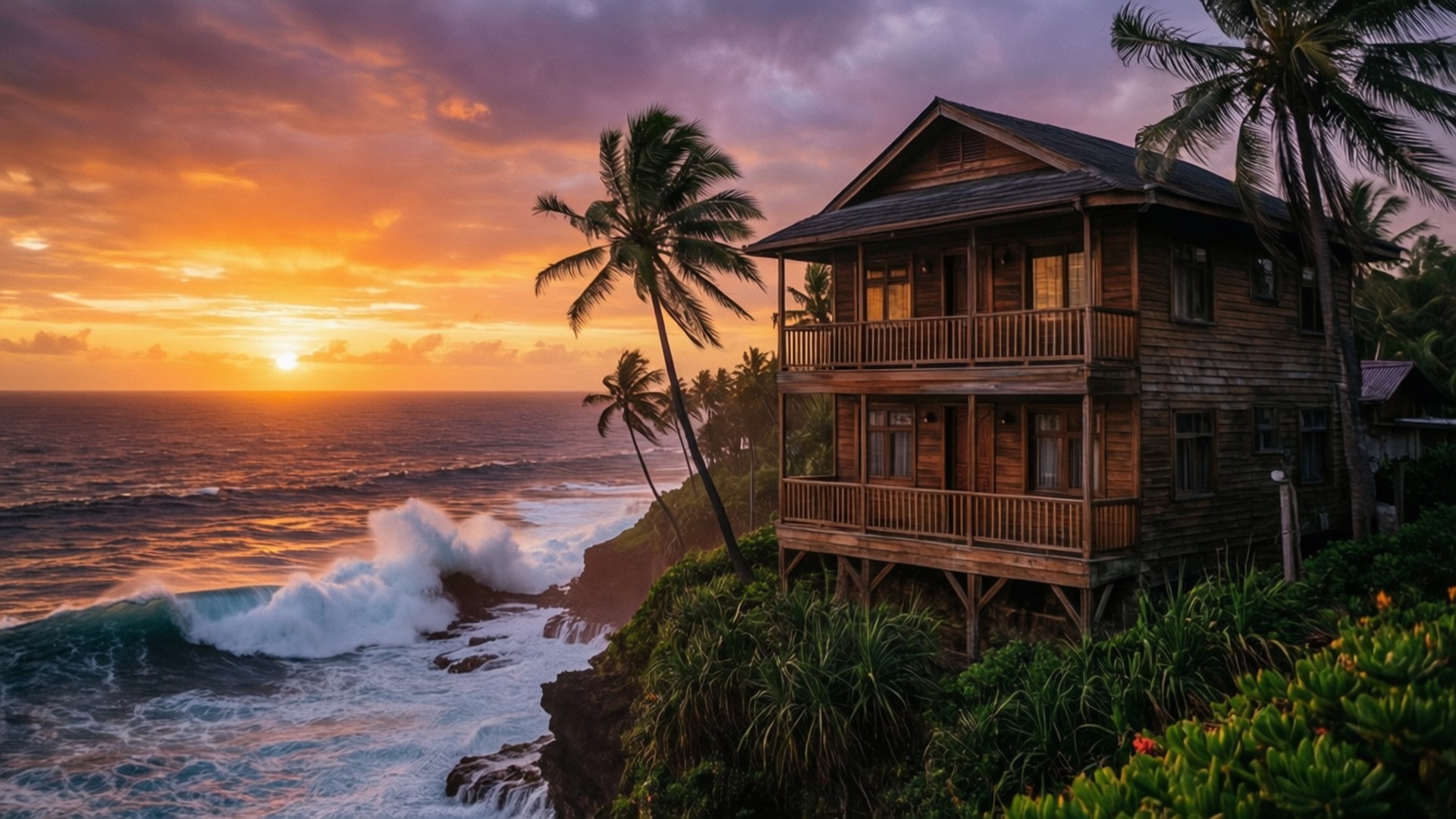 cliffside sunset house, wooden cliffside house, balconies, Full HD Desktop Wallpaper