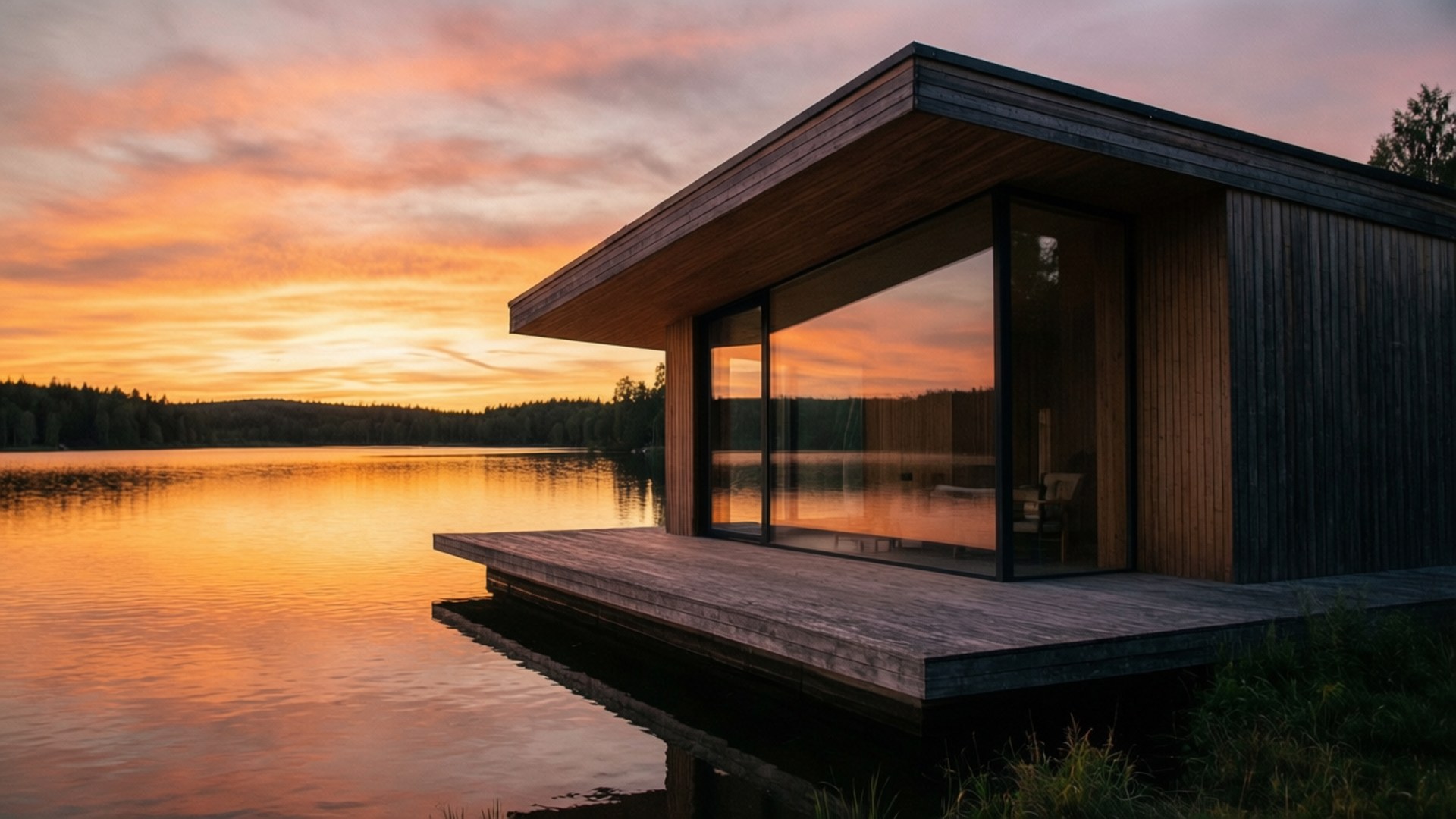lakeside modern retreat, modern wooden cabin, glass walls, Full HD Desktop Wallpaper