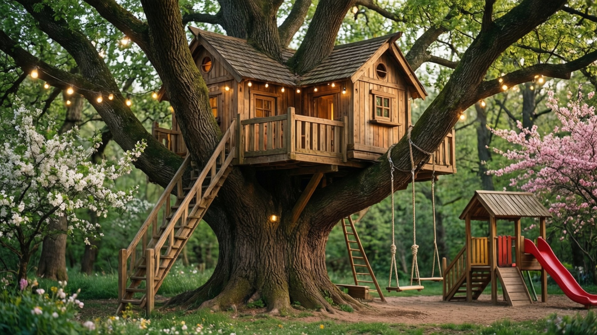 fairy treehouse, giant tree, string lights, Full HD Desktop Wallpaper