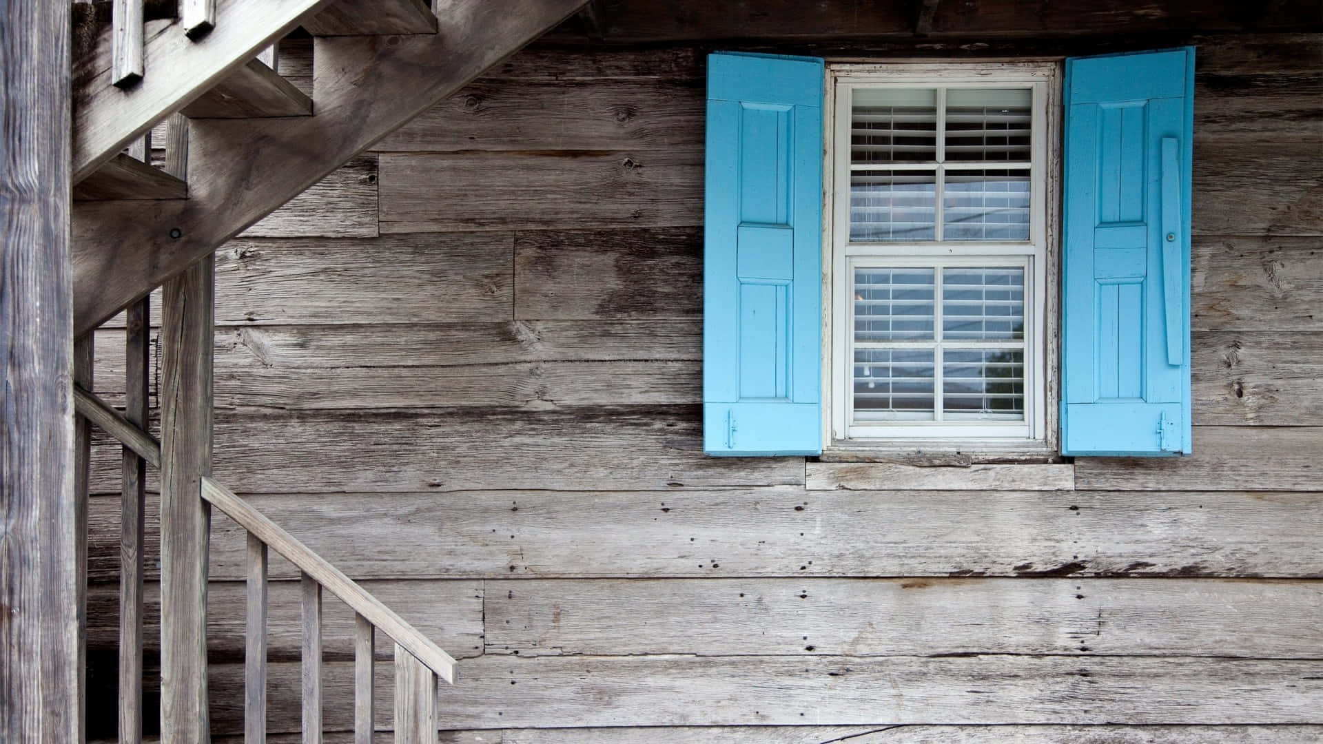window, wood planks house, bright blue shutters, Full HD Desktop Wallpaper