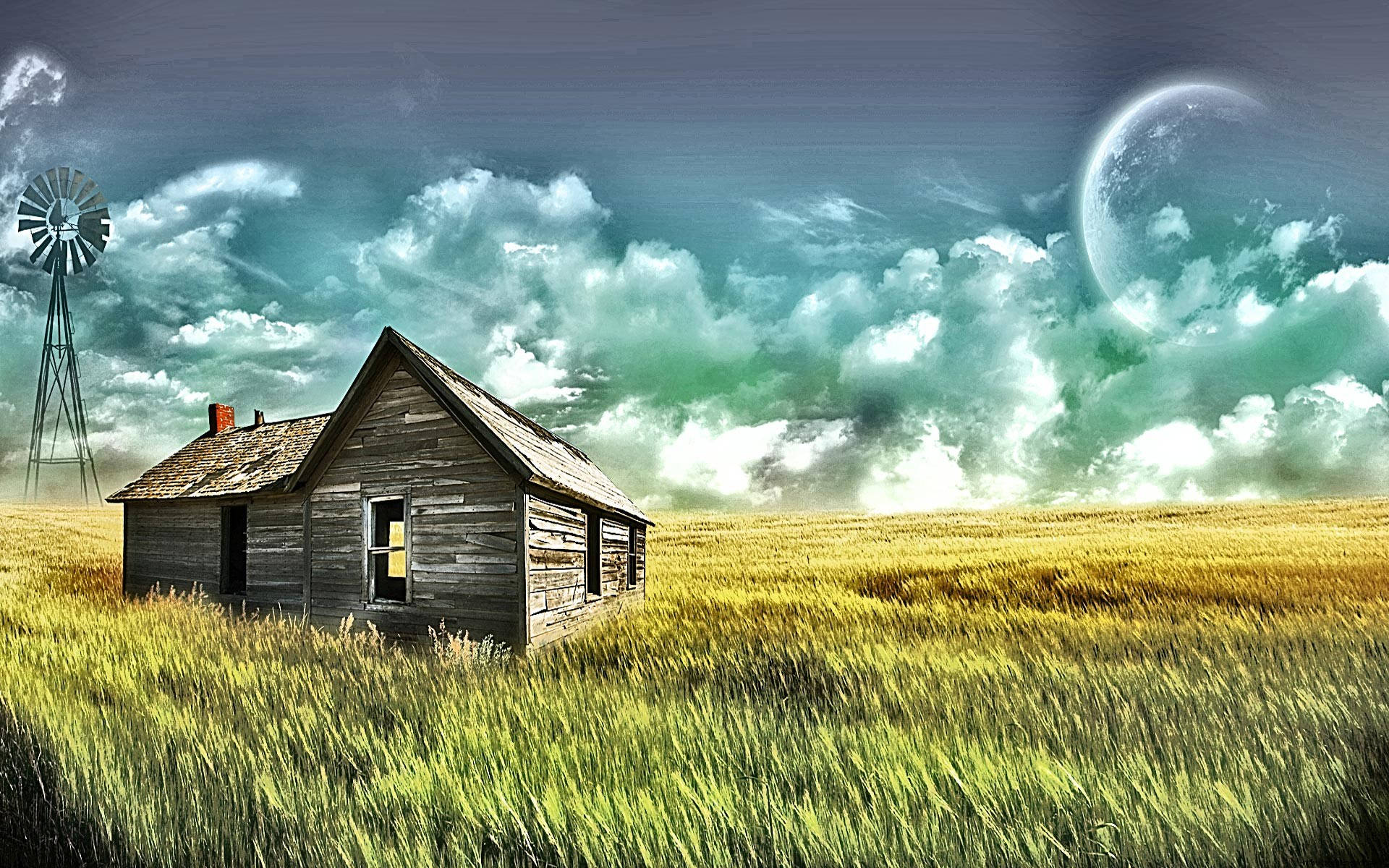 wooden house, golden field, surreal sky, Full HD Desktop Wallpaper