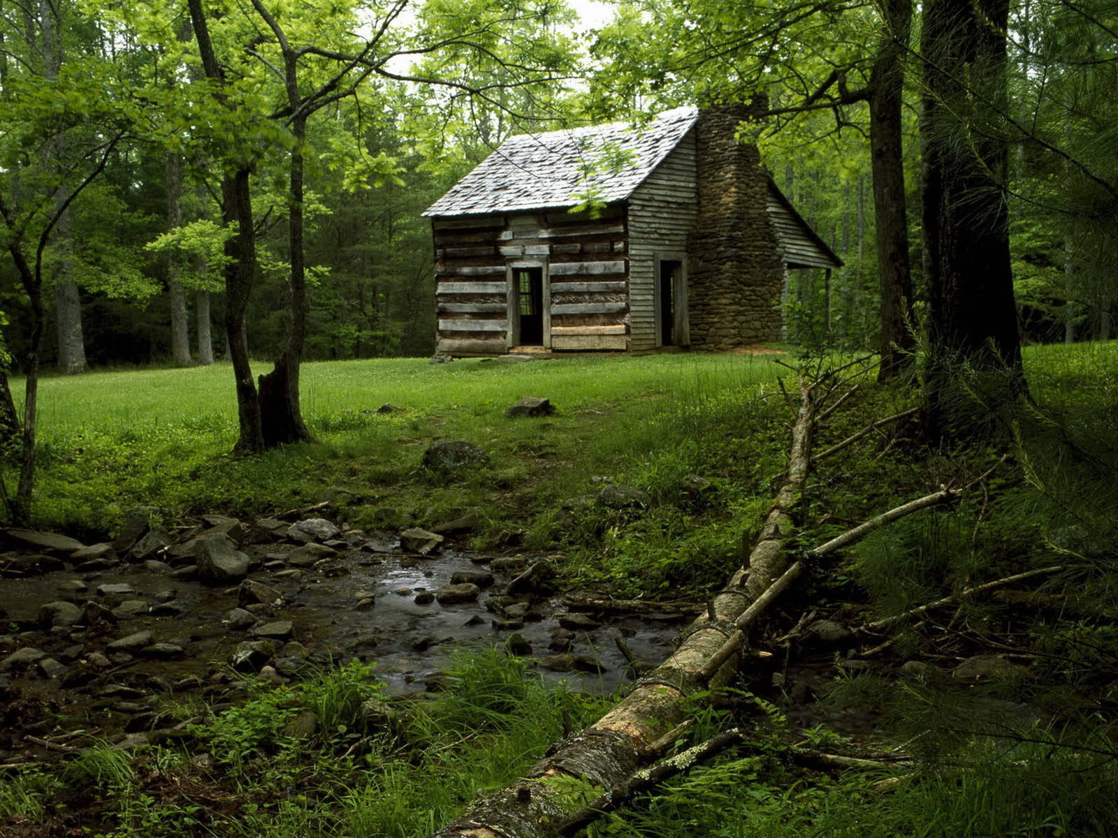 wood house, log cabin, stone chimney, HD Desktop Wallpaper