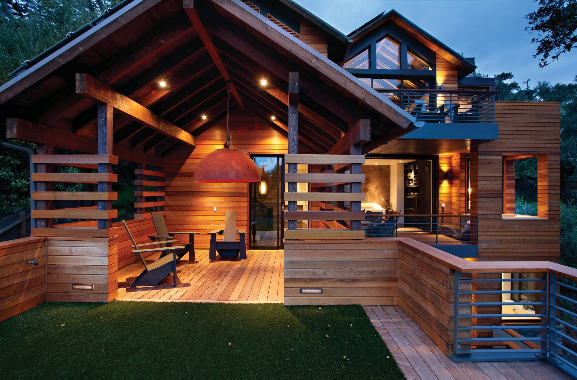 relaxing open wooden house, modern wooden cabin, warm interior lights, Full HD Desktop Wallpaper