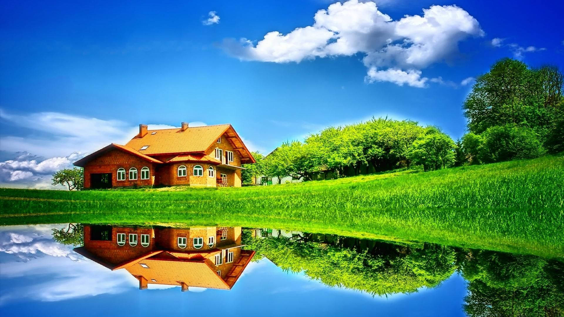 wooden house, orange roof, lush green hill, Full HD Desktop Wallpaper