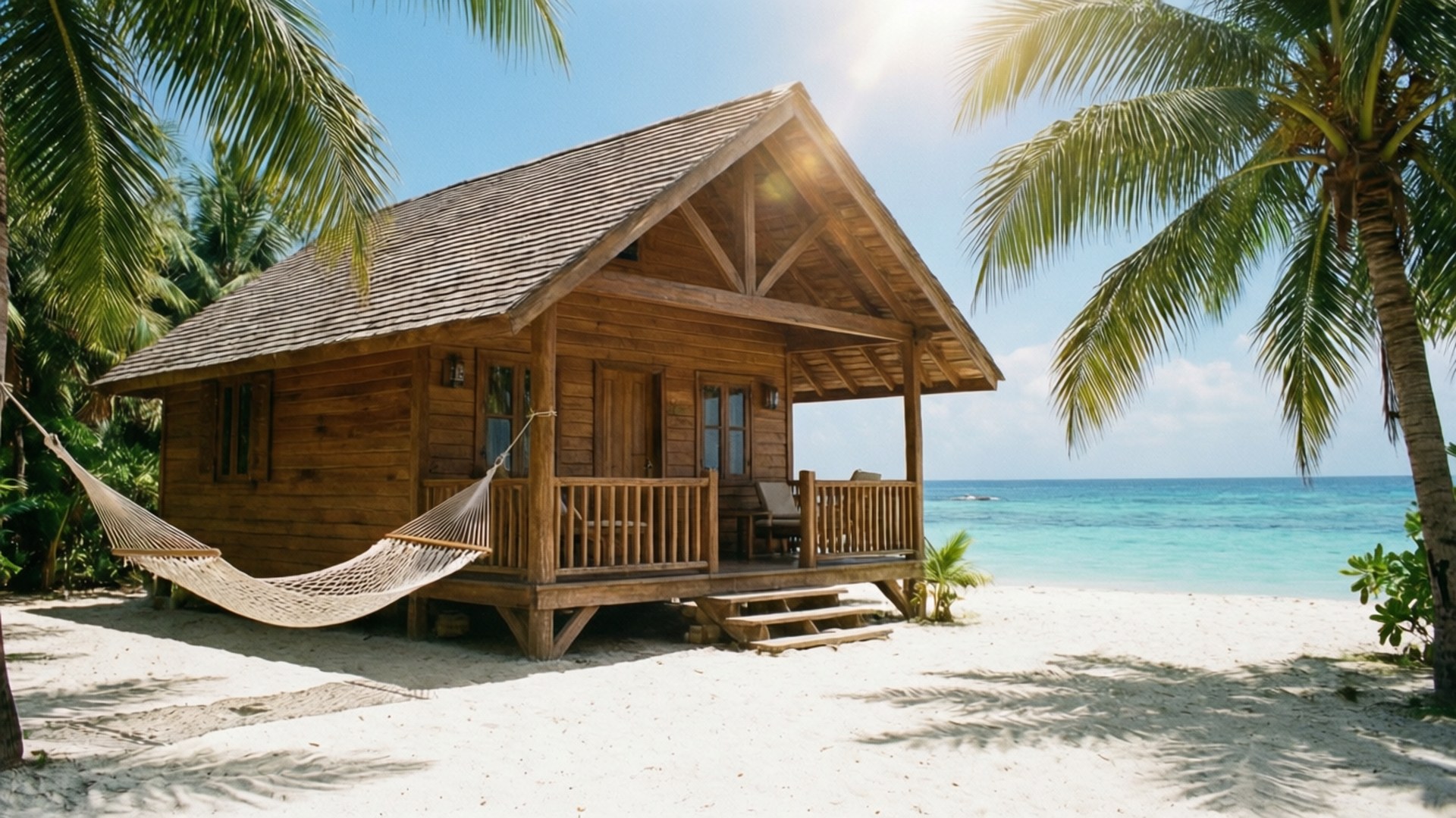 beachside wood bungalow, hammock swings, palm trees, Full HD Desktop Wallpaper