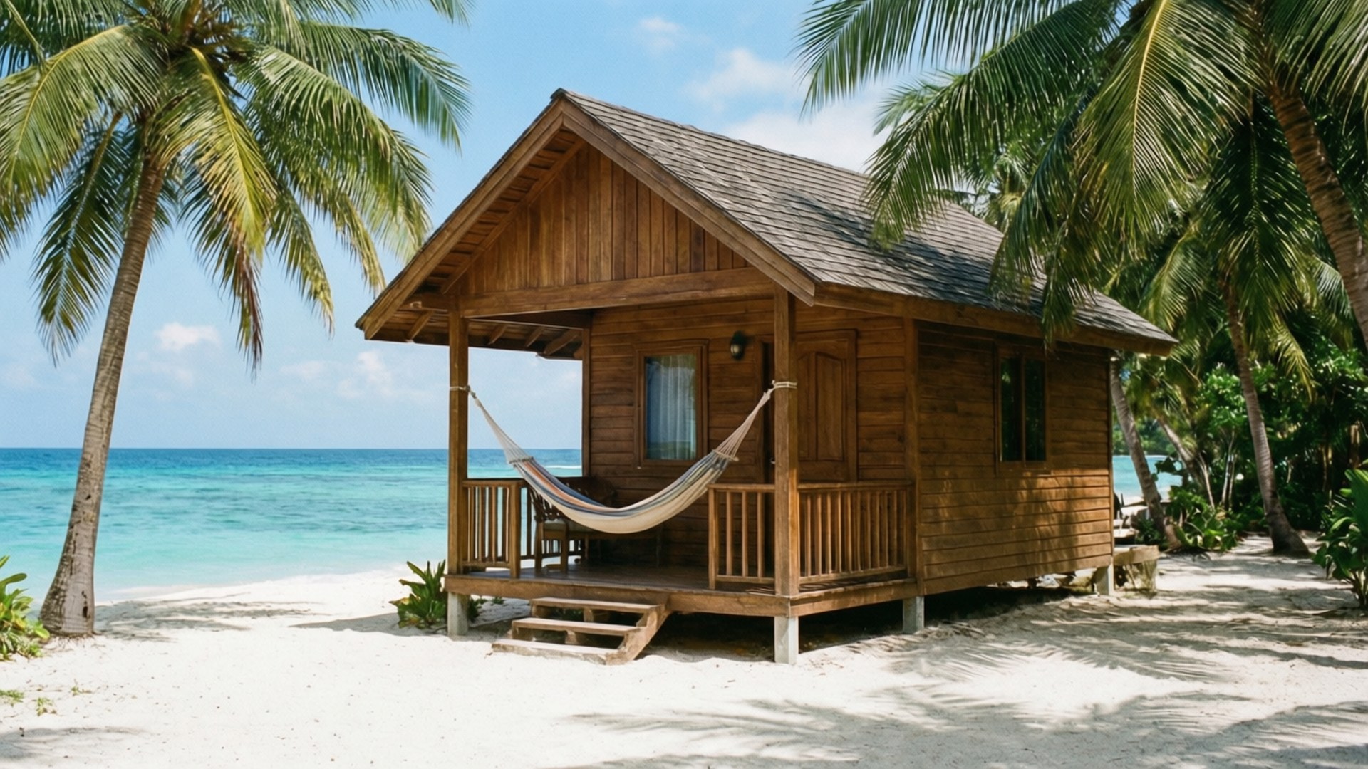 beachfront wooden bungalow, white sand, turquoise water, Full HD Desktop Wallpaper