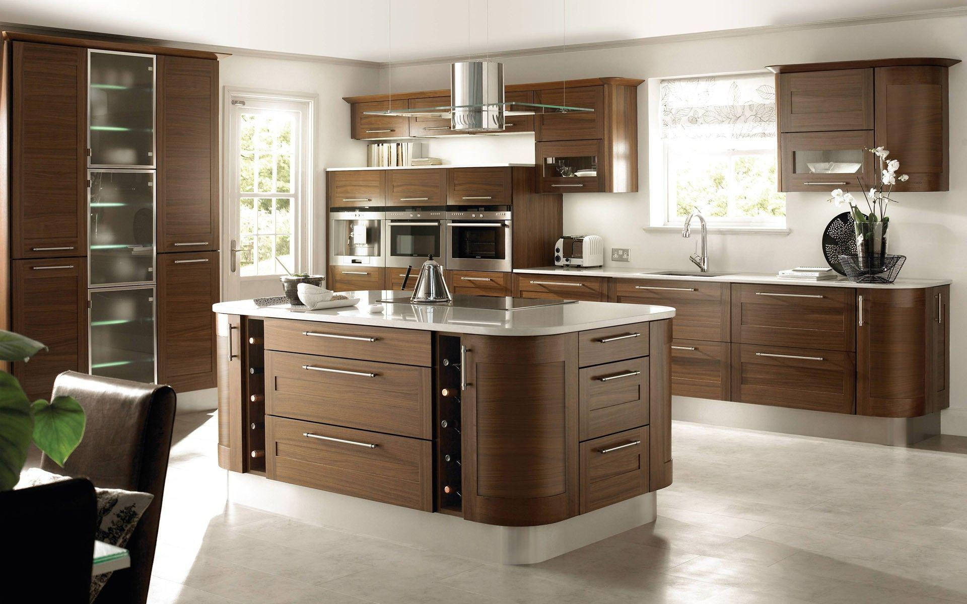 wooden cabinets, stainless steel appliances, central island, Full HD Desktop Wallpaper