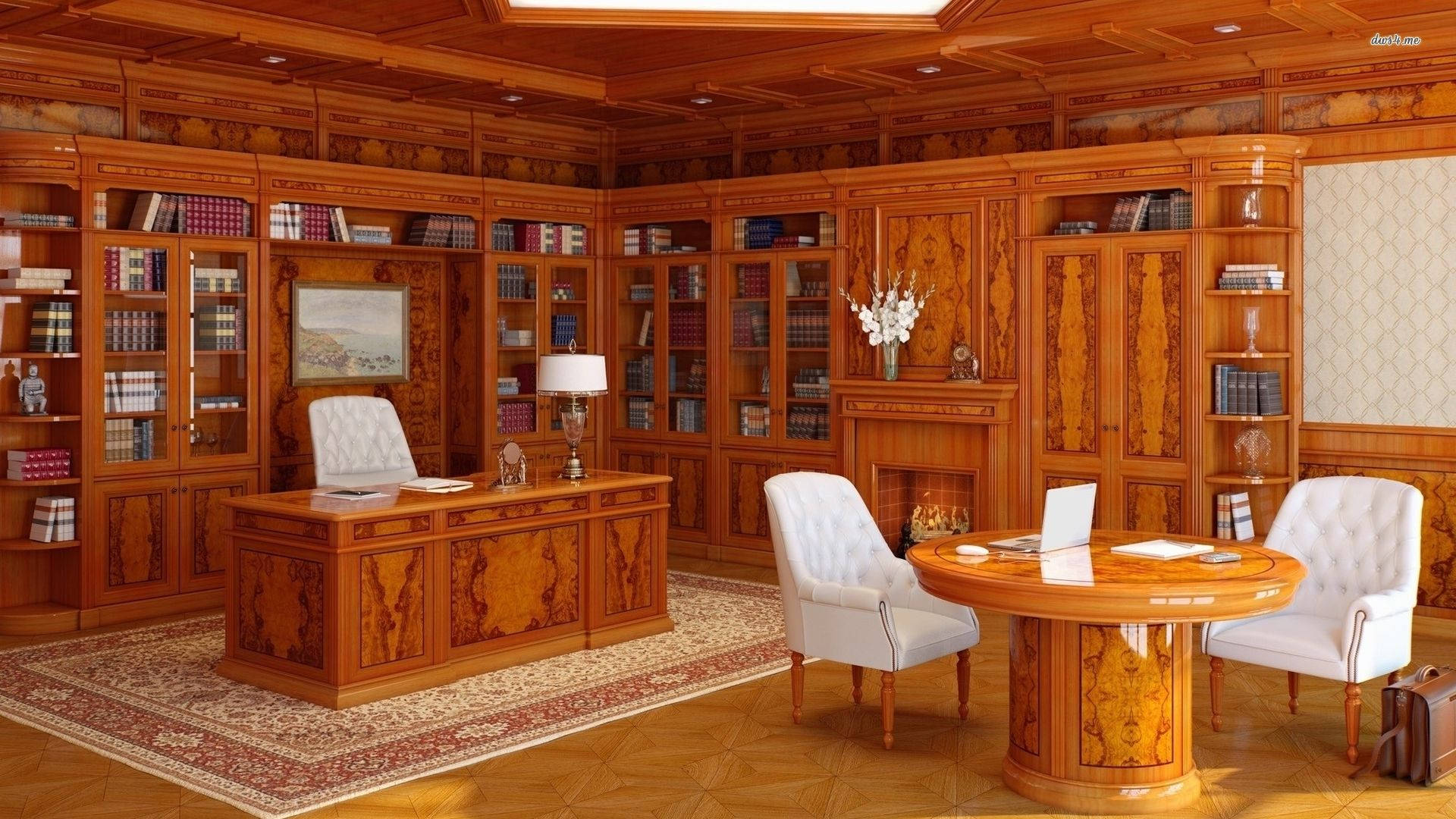 Old Office Background, wooden study, ornate bookshelves, Full HD Desktop Wallpaper