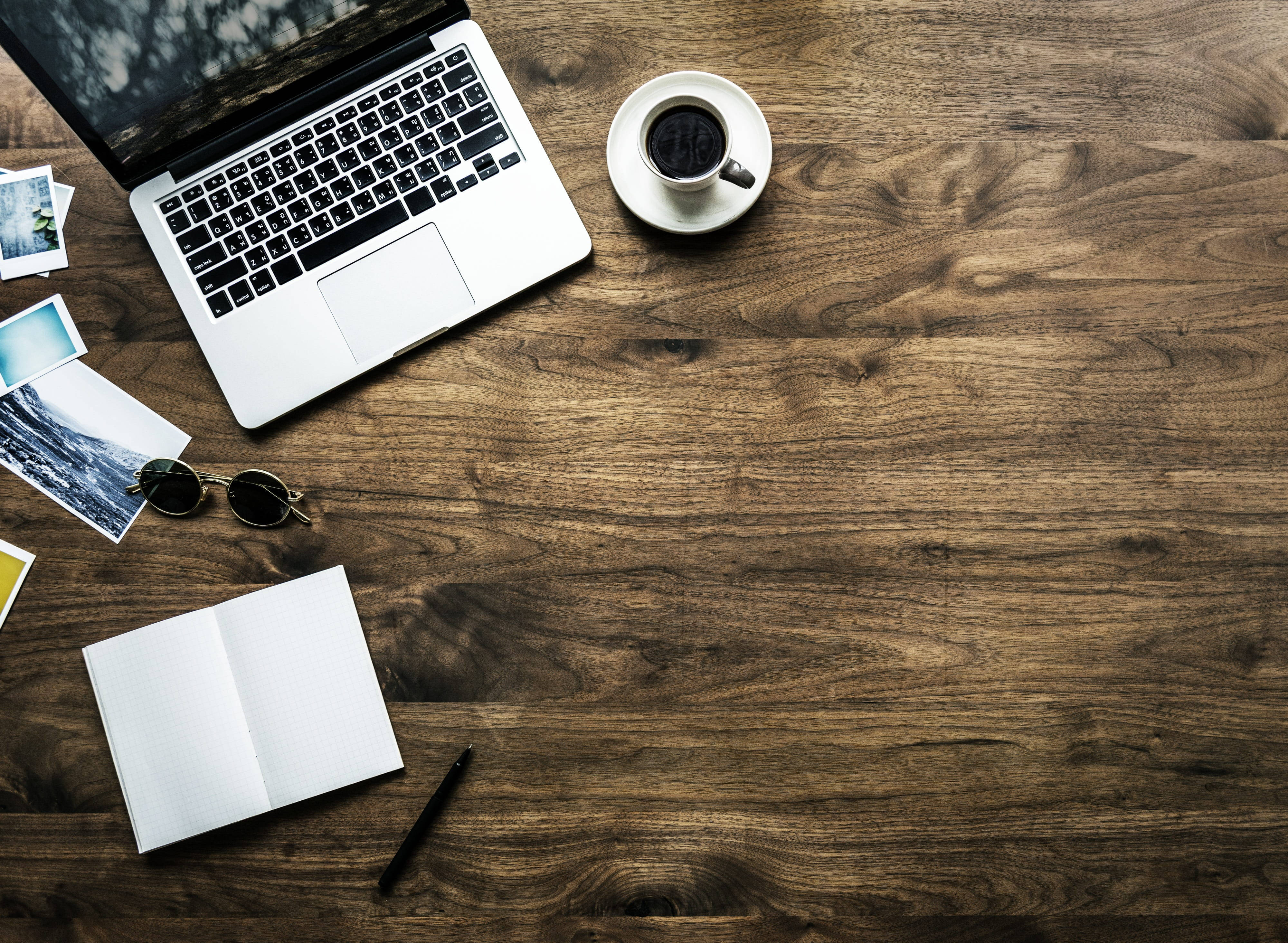 wooden desk, laptop, coffee cup, 4K Desktop Wallpaper