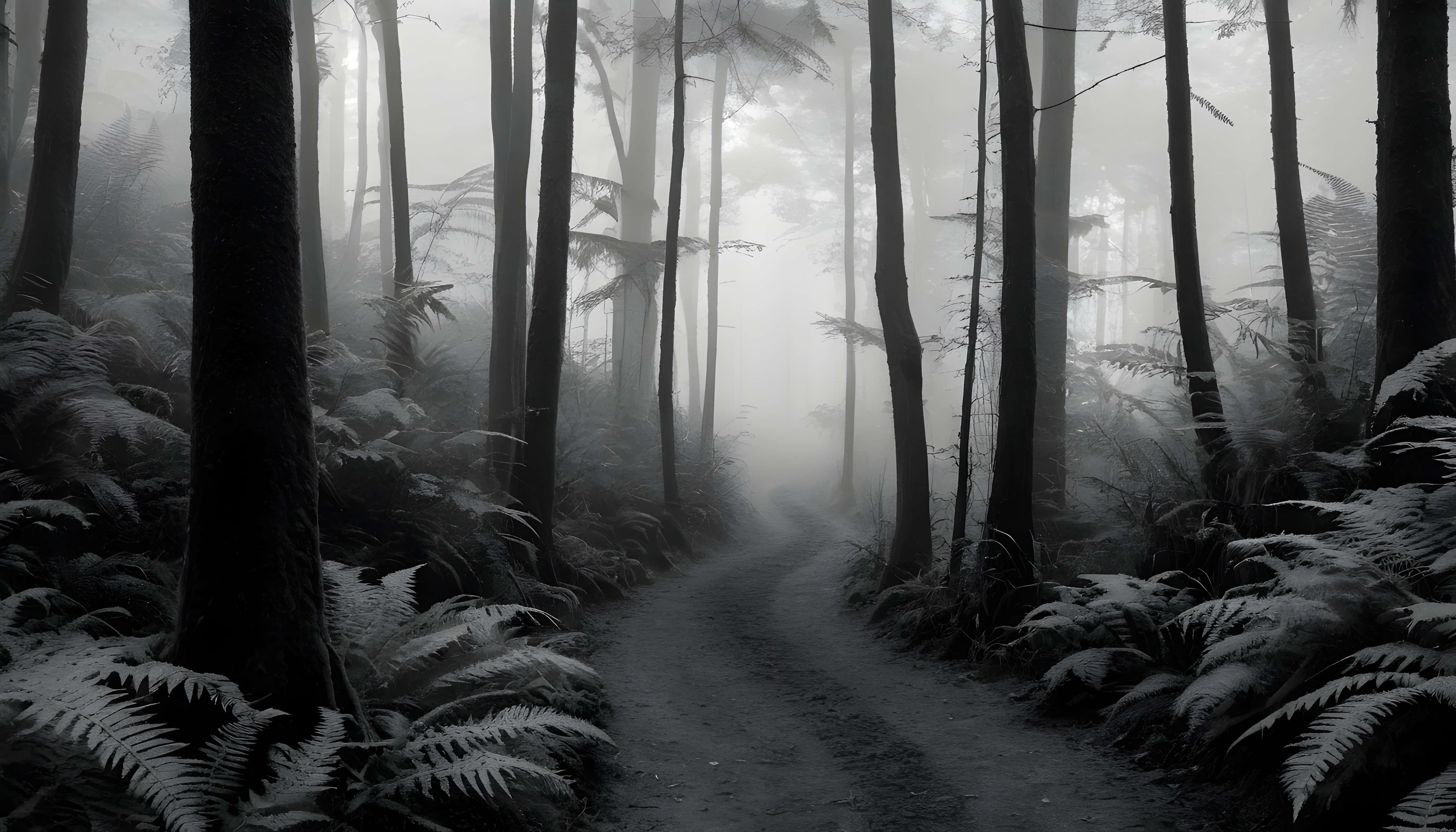 silent fern forest path, misty forest path, tall trees, 5K Desktop Wallpaper