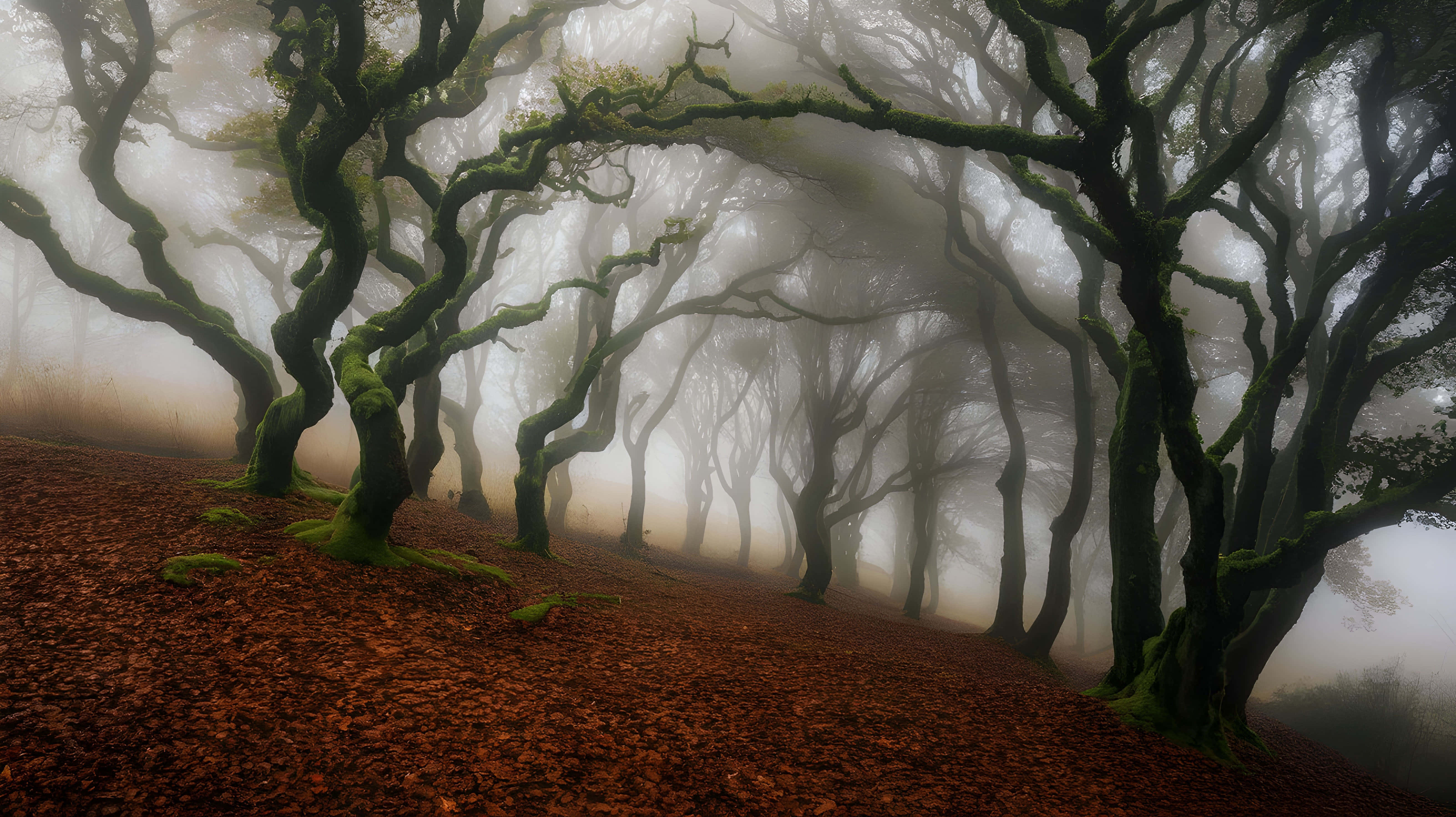 ancient mossy forest path, mossy trees, dense fog, 5K Desktop Wallpaper