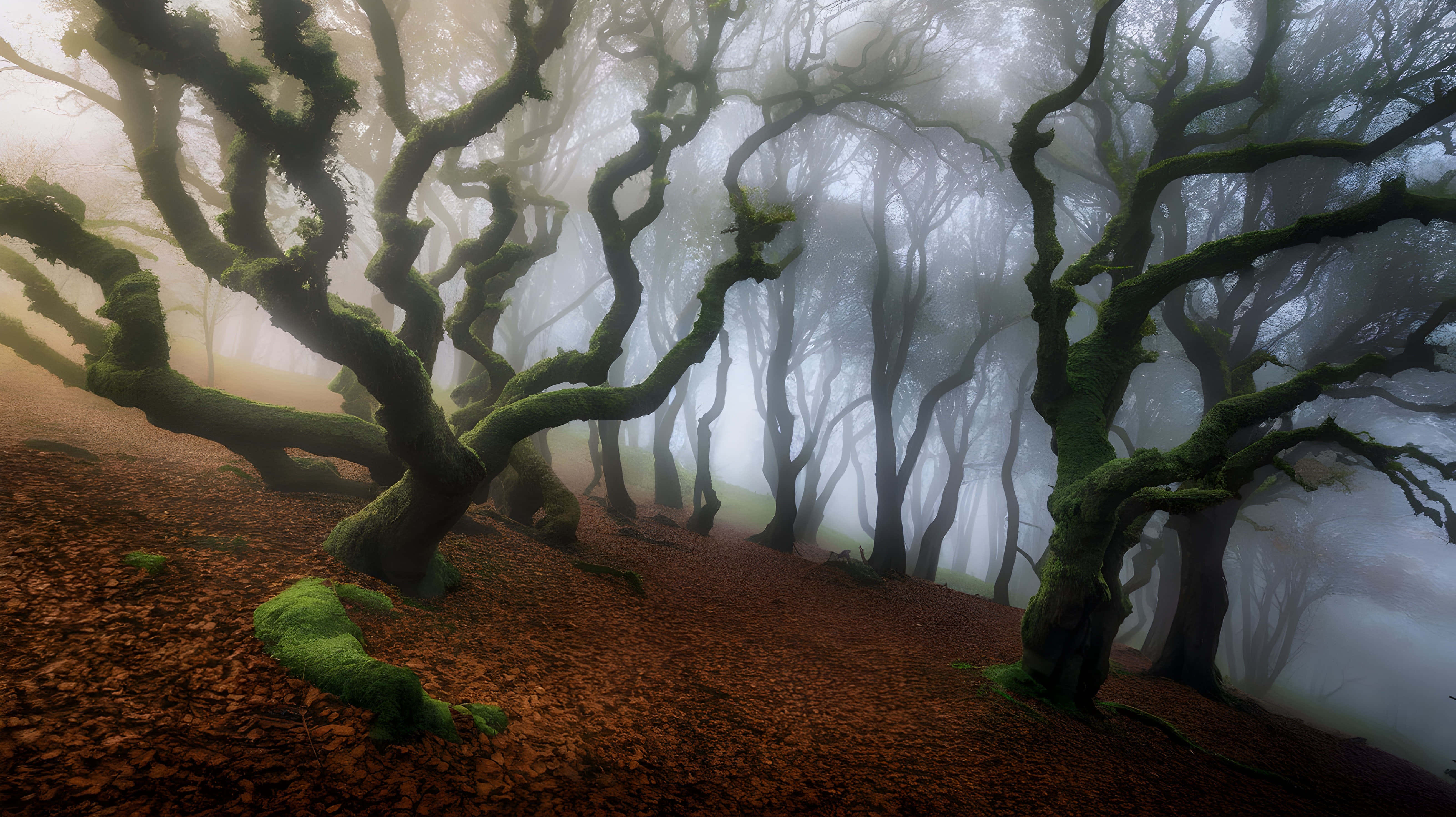 enchanted foggy glade, moss-covered trees, carpet of fallen leaves, 5K Desktop Wallpaper