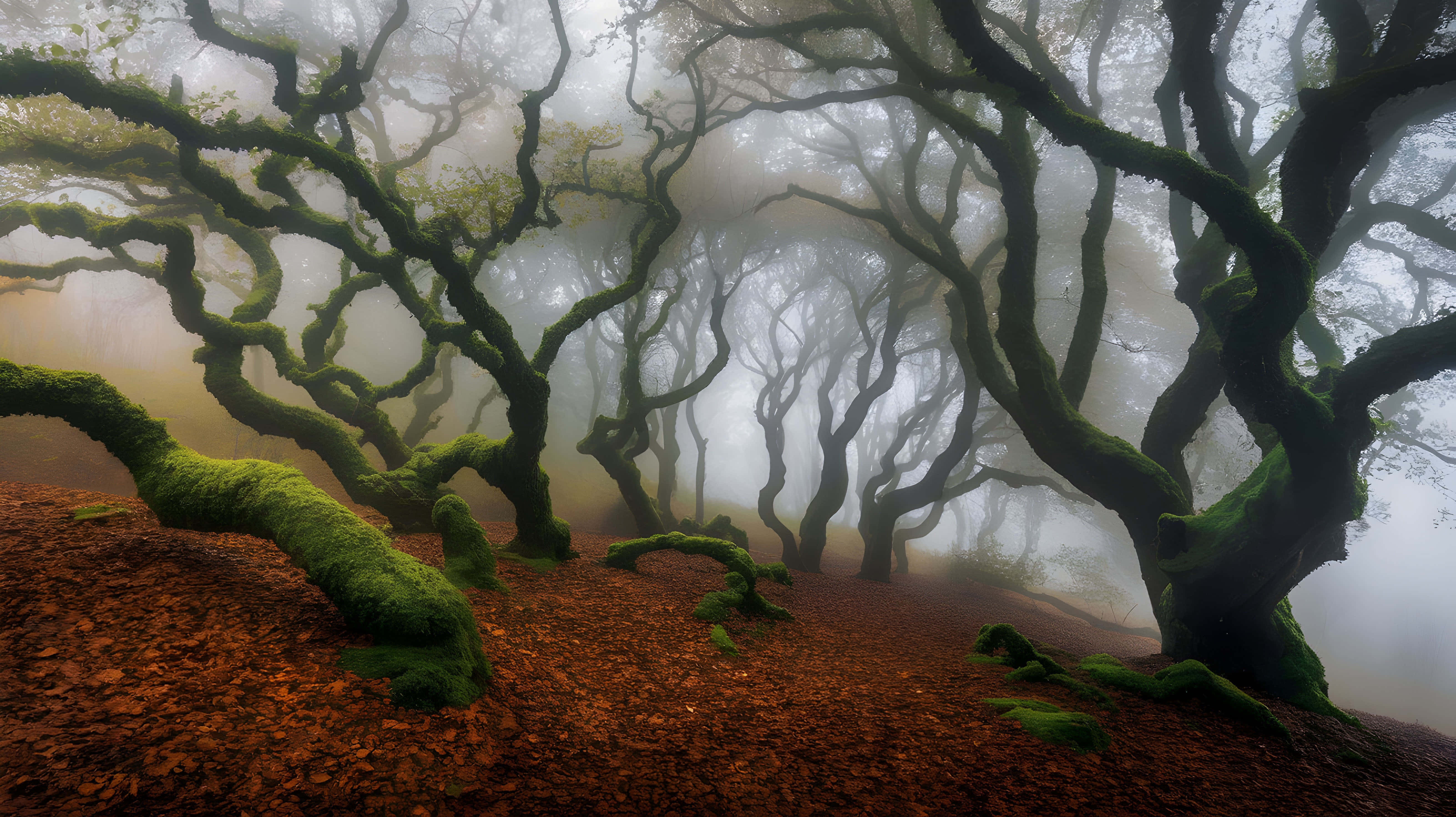 enchanted foggy glade, moss covered twisted trees, carpet of red leaves, 5K Desktop Wallpaper