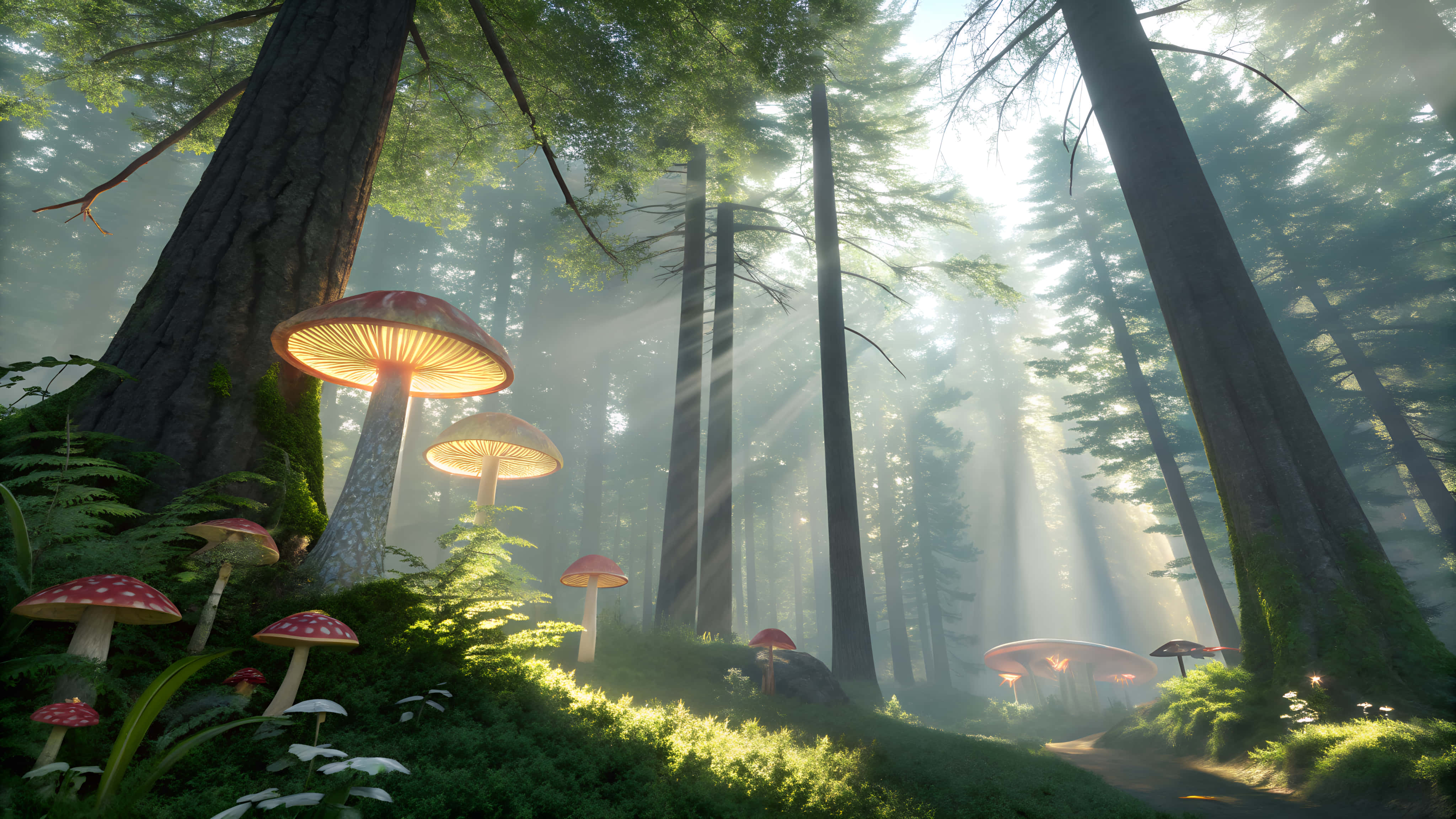 enchanted forest, glowing red mushrooms, sunlight beams, 4K Desktop Wallpaper