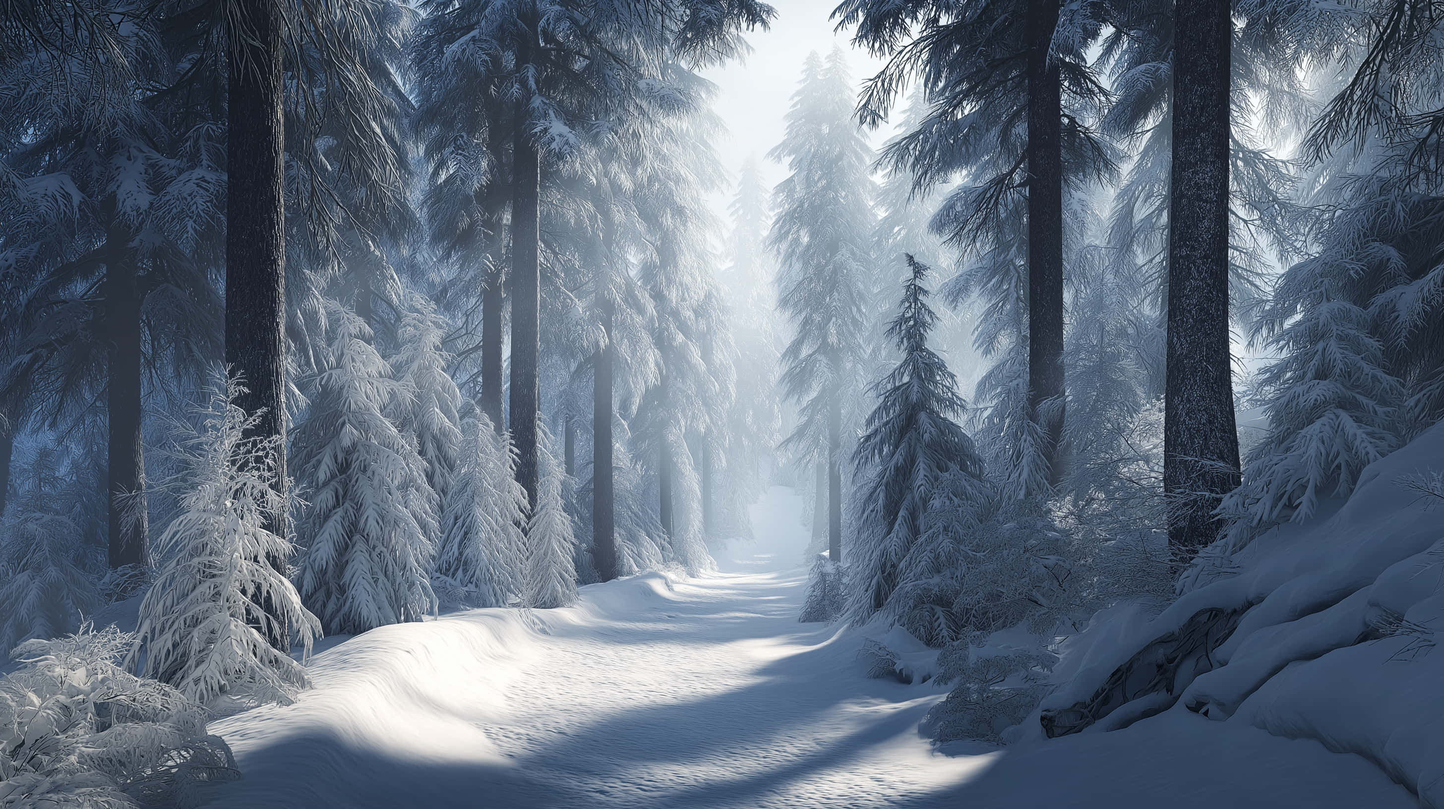 serene winter forest path, snow-covered pines, towering evergreens, 2K Desktop Wallpaper