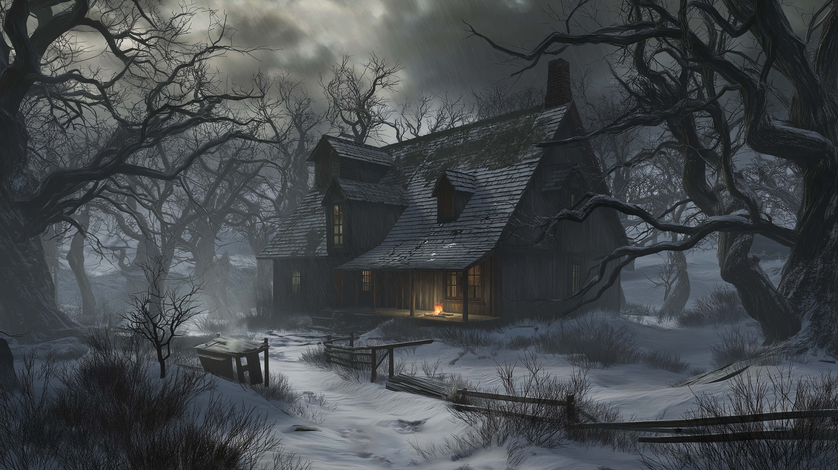 secluded winter cabin, haunting forest landscape, snow-covered haunted house, 2K Desktop Wallpaper