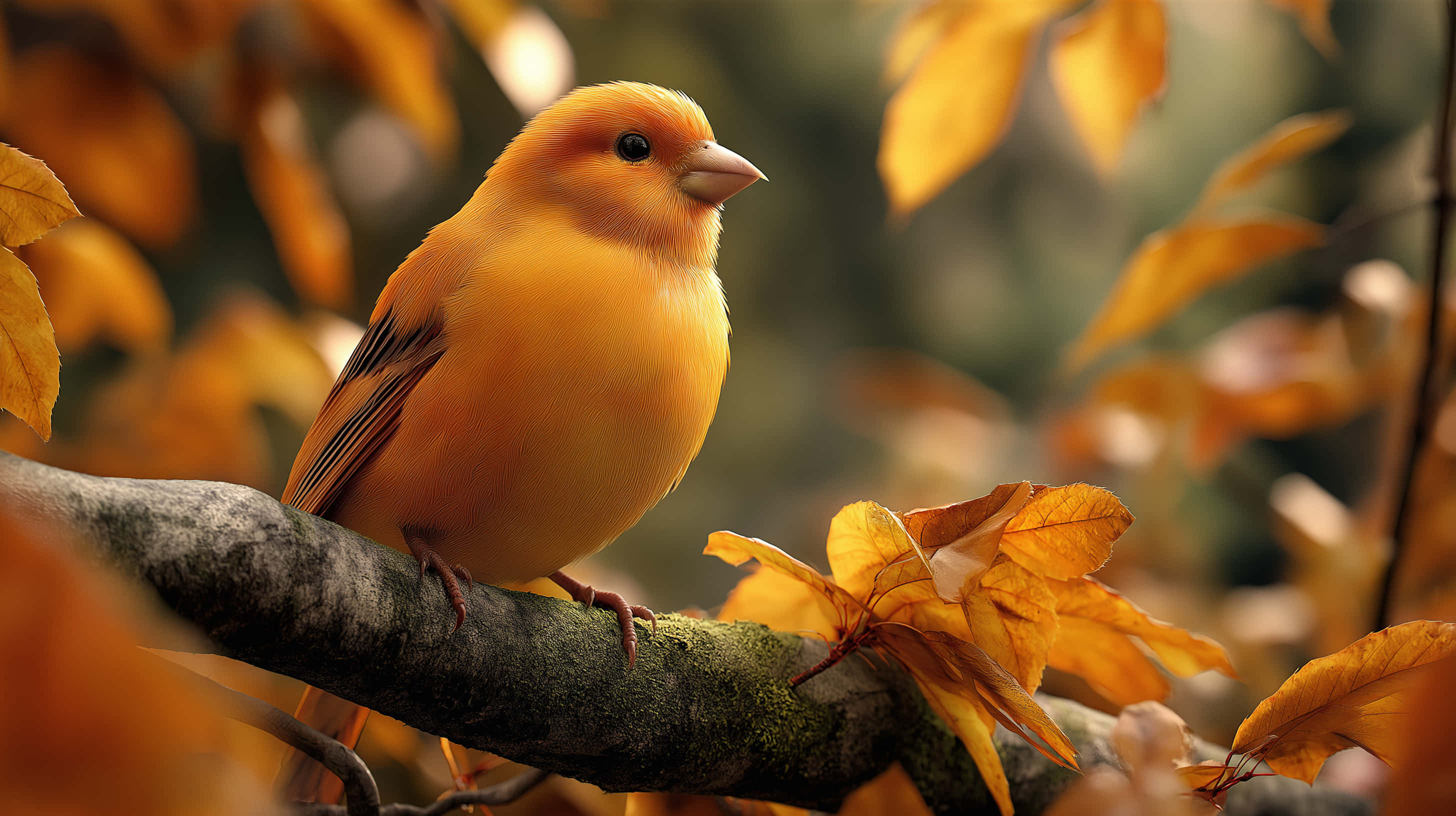 small bird, mossy branch, autumn forest, 2K Desktop Wallpaper
