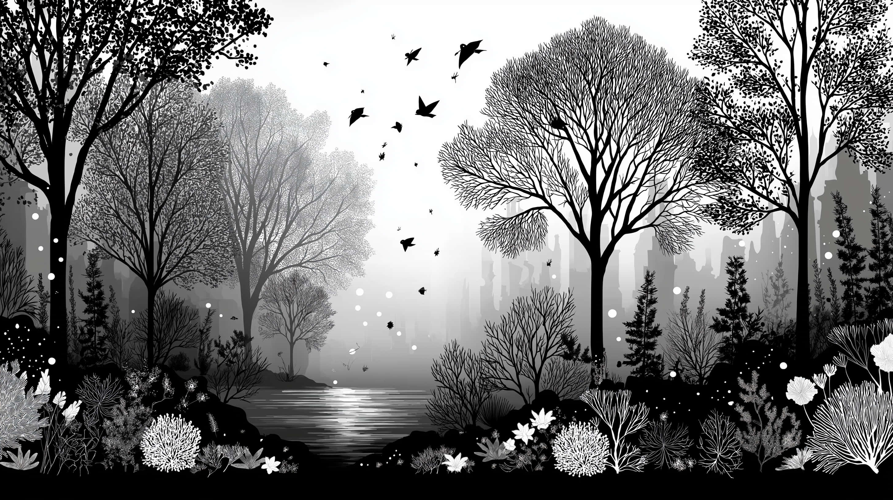 monochromatic misty forest landscape, lake, birds, 2K Desktop Wallpaper