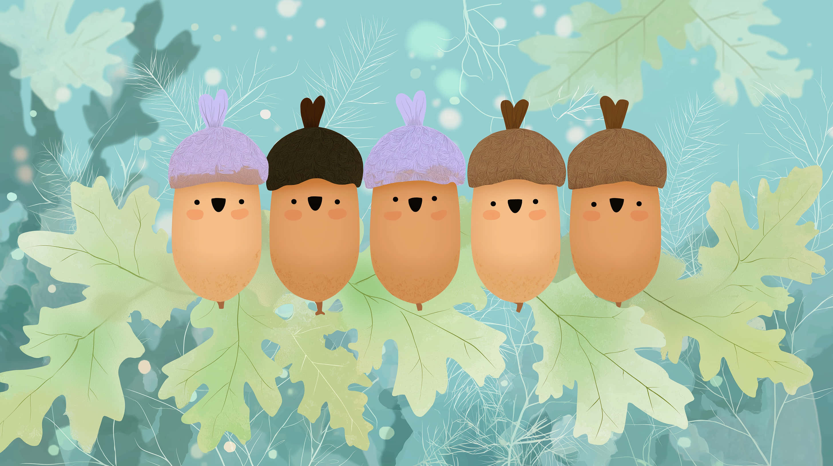 five sweet acorns, smiling faces, tiny hats, 2K Desktop Wallpaper