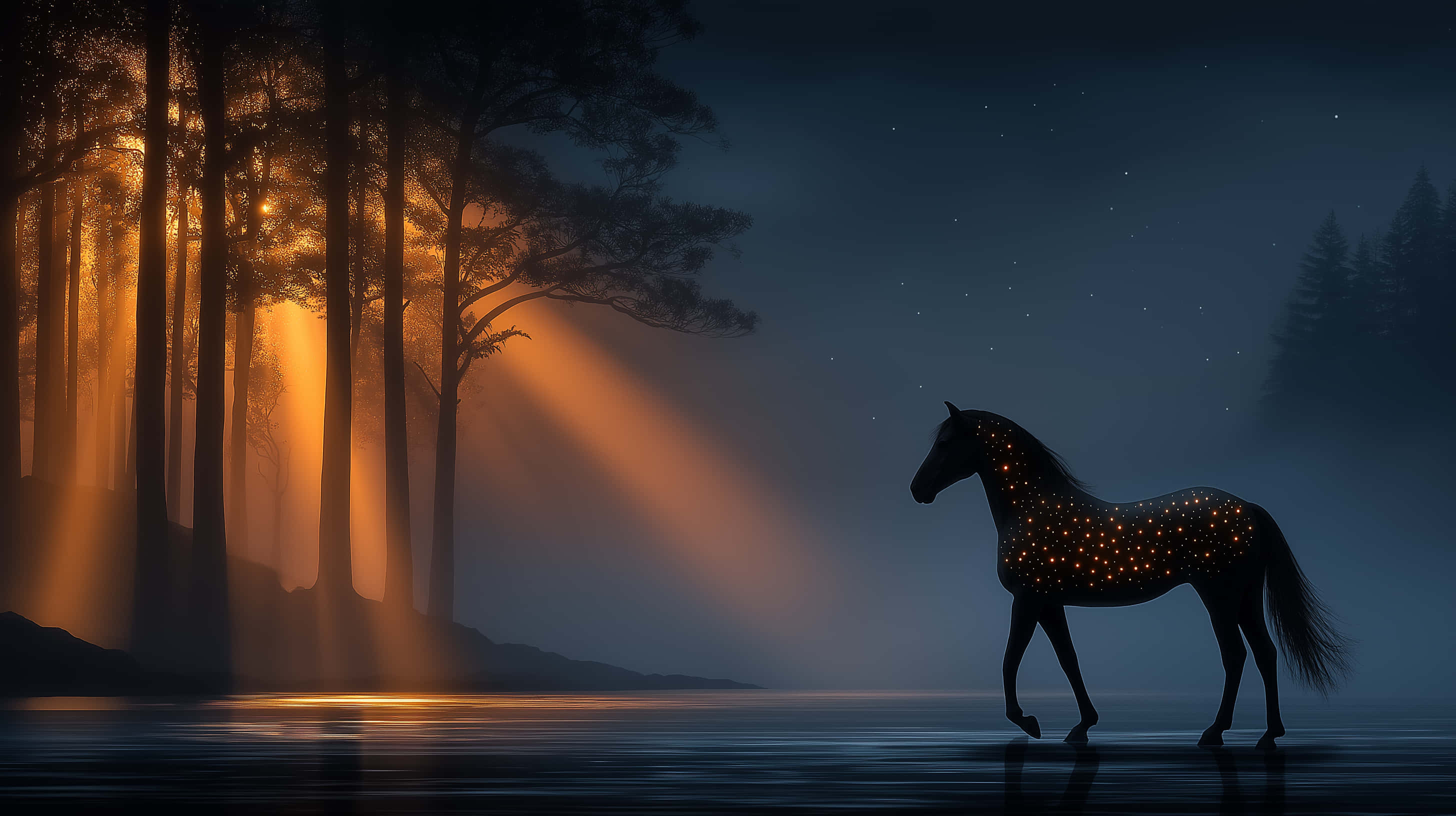 magical horse, forest, golden light beams, 2K Desktop Wallpaper