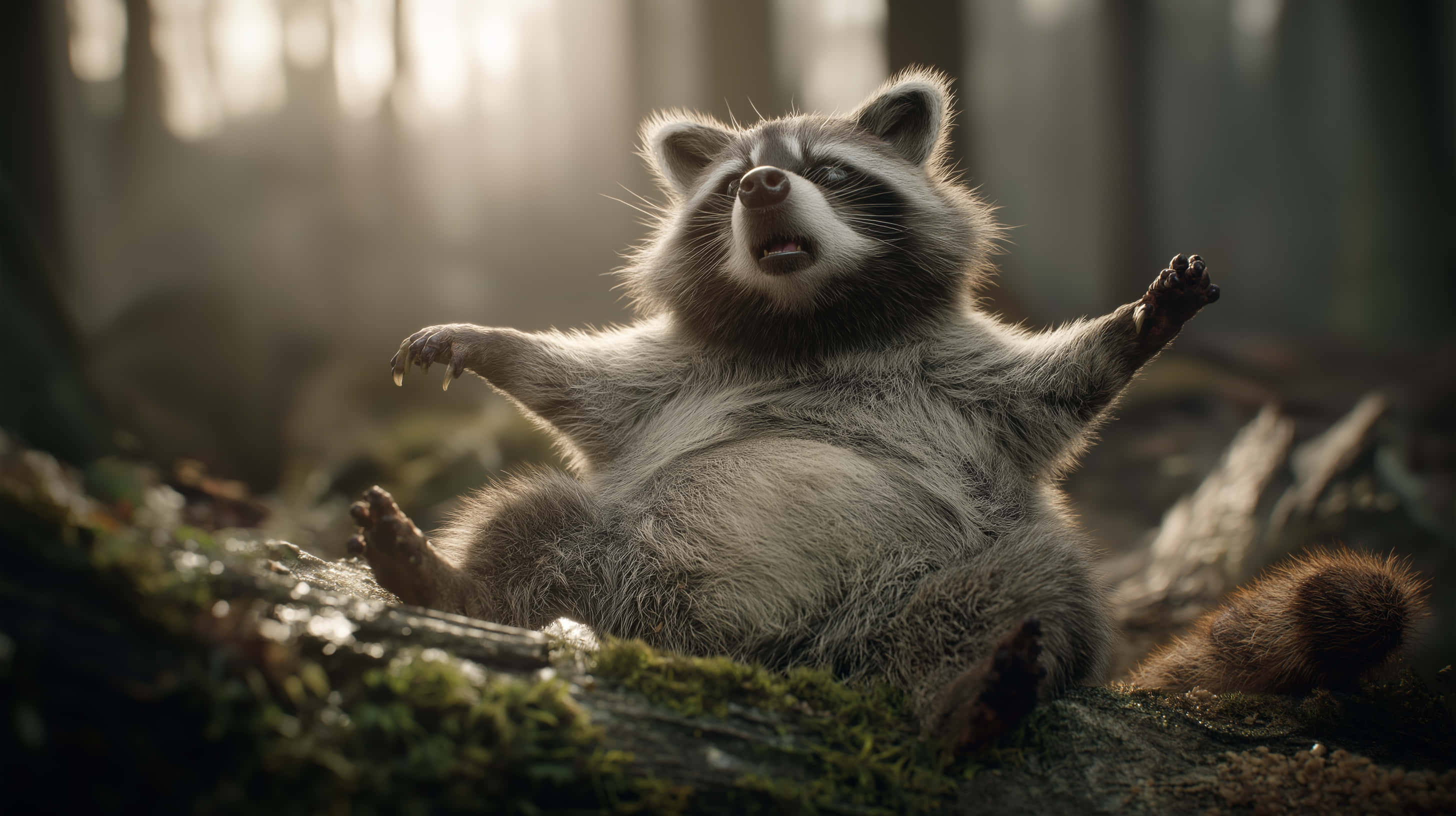 jubilant raccoon, mossy log, sunlit forest, 2K Desktop Wallpaper