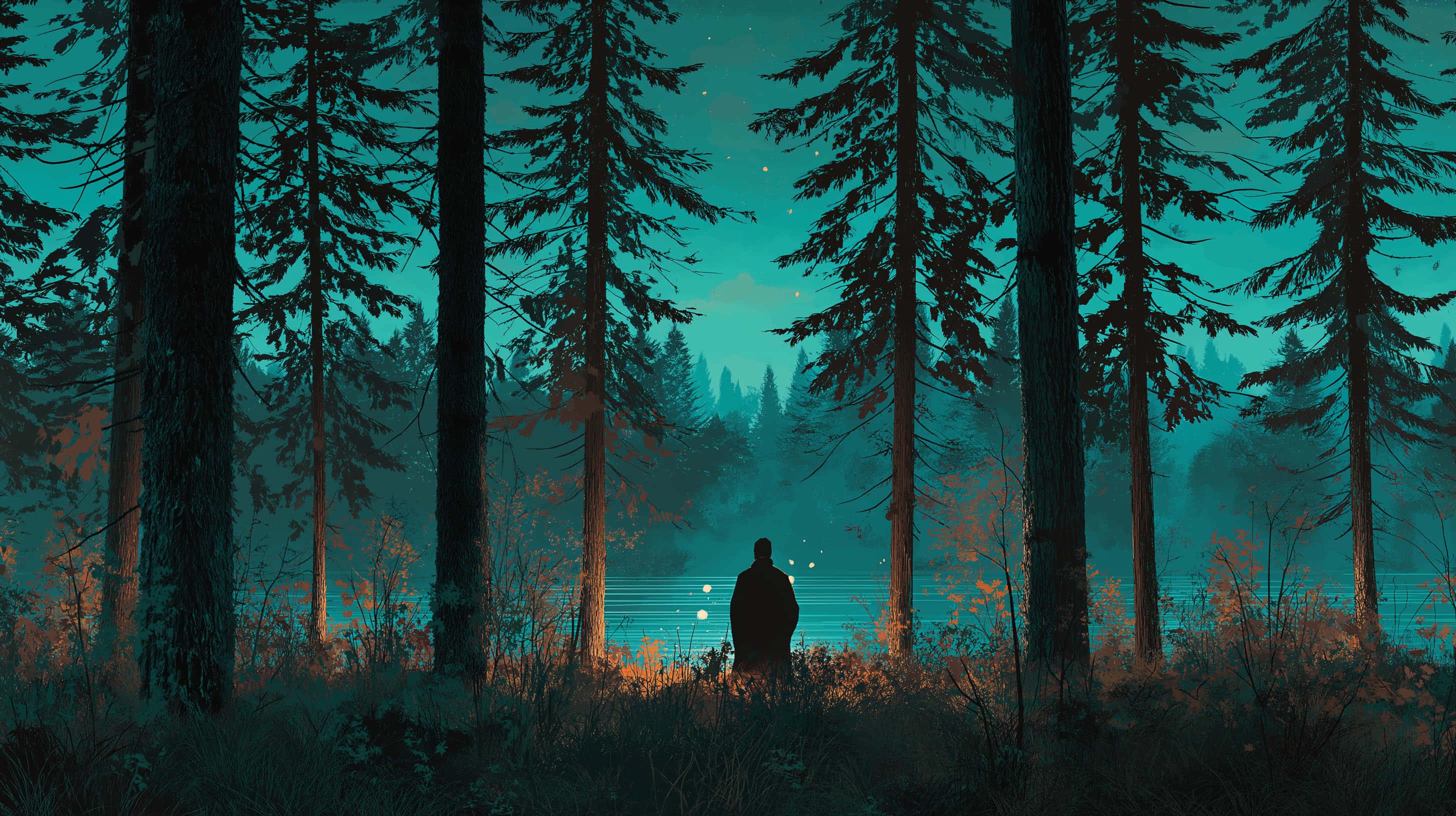 Figure, lake, pine forest, 2K Desktop Wallpaper