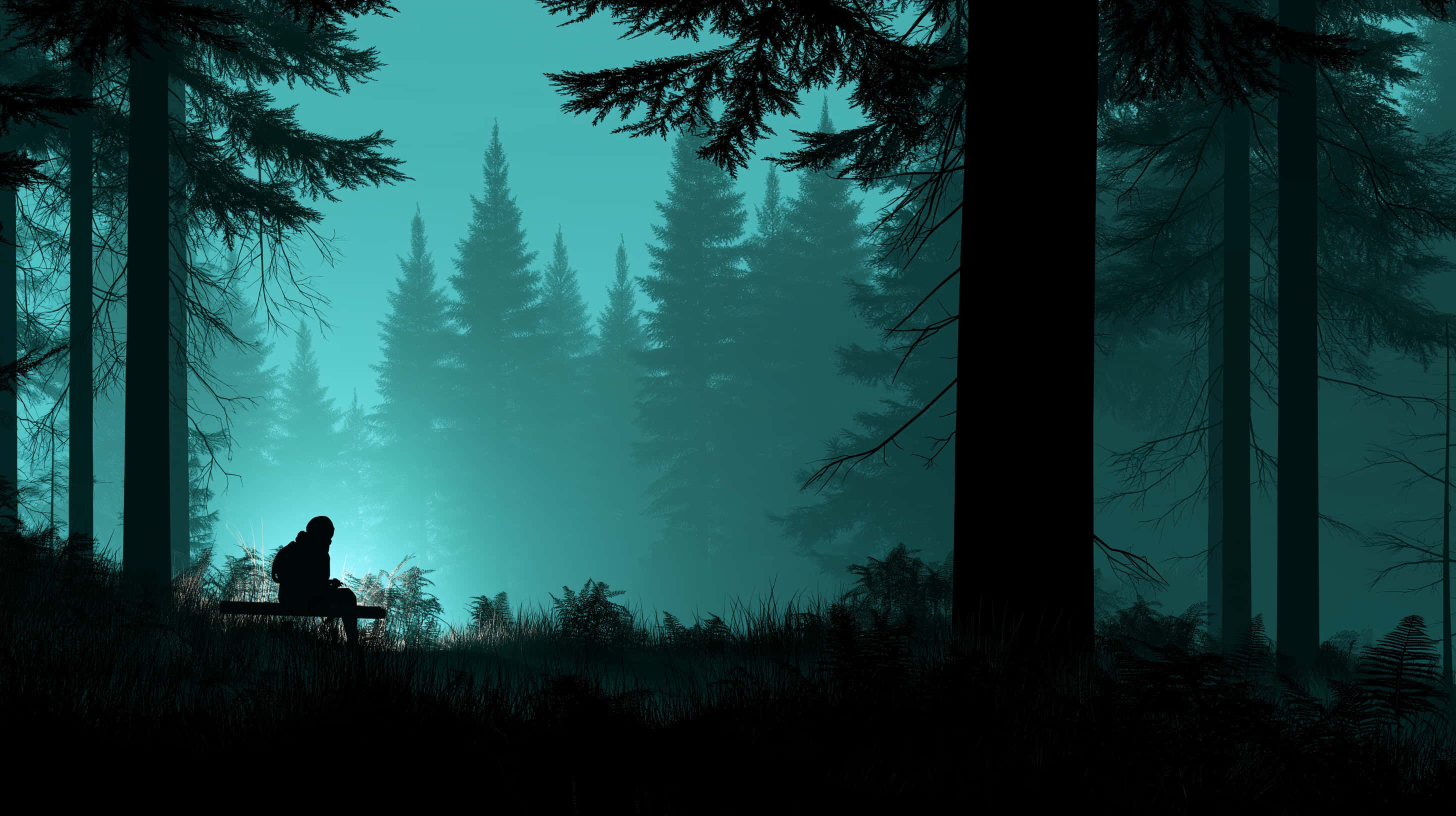 solitary figure, misty pine forest, teal forest, 2K Desktop Wallpaper
