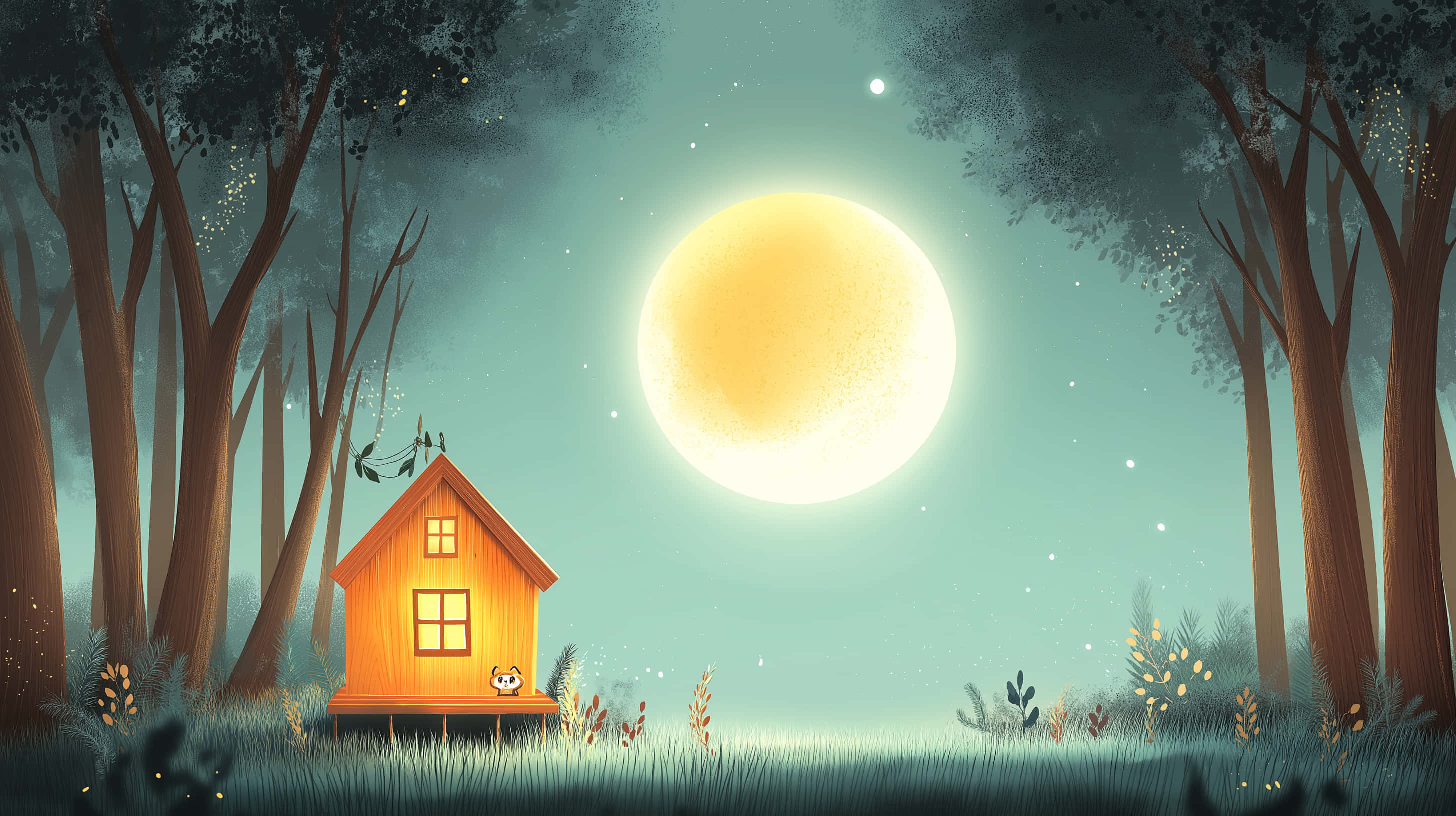 serene forest dwelling, giant full moon, misty forest, 2K Desktop Wallpaper