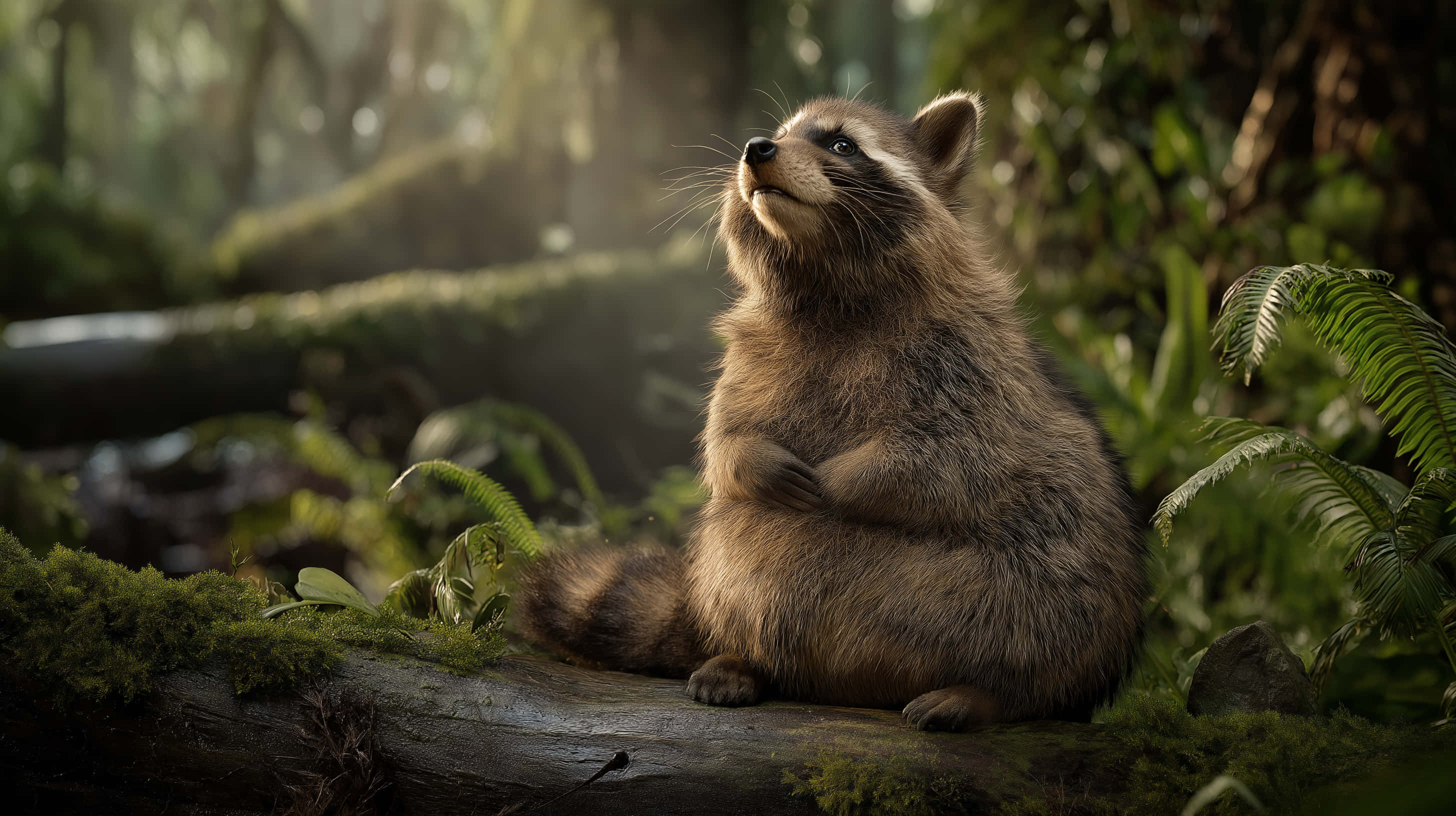 raccoon, mossy log, sunlit forest, 2K Desktop Wallpaper