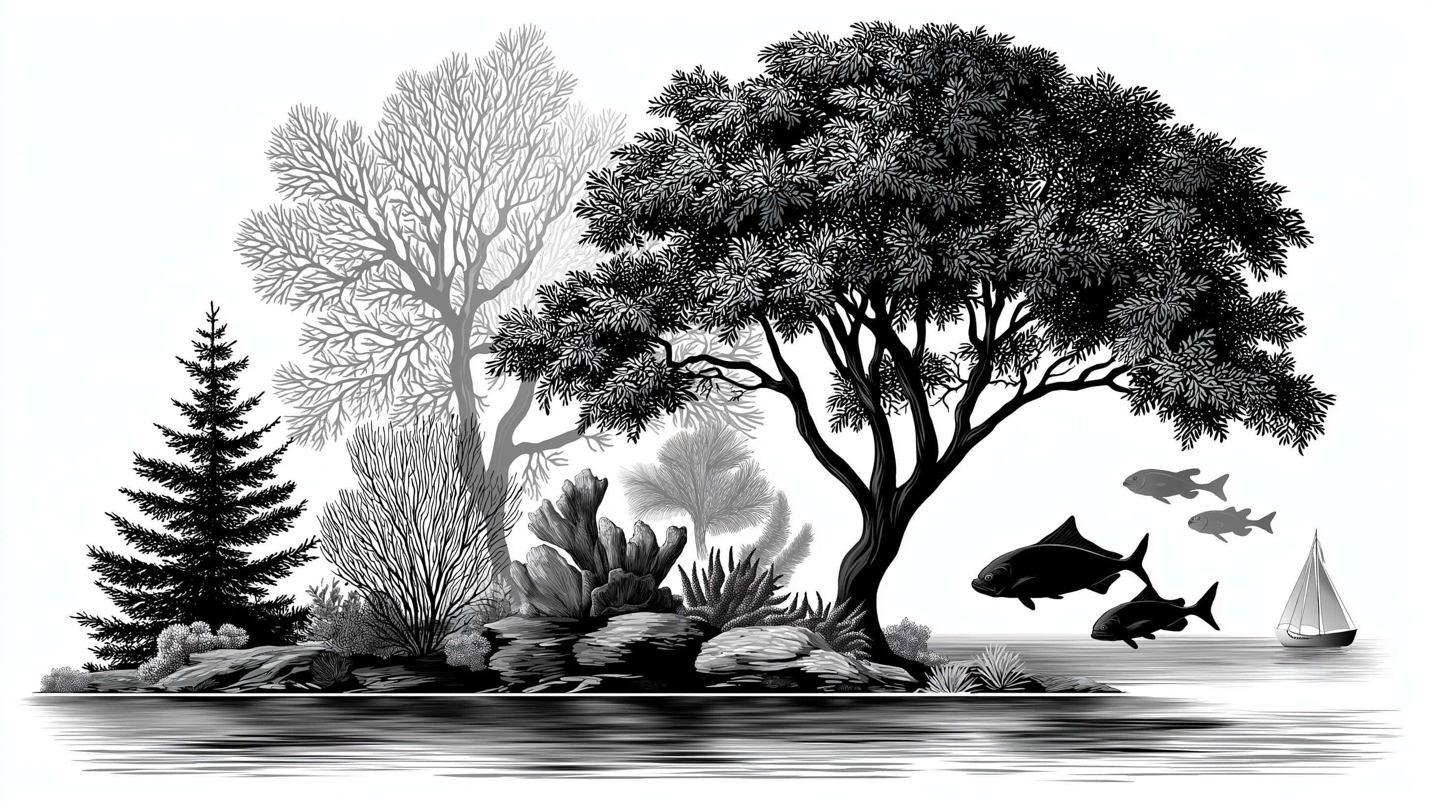 monochromatic misty forest landscape, lake, rocky island, 2K Desktop Wallpaper