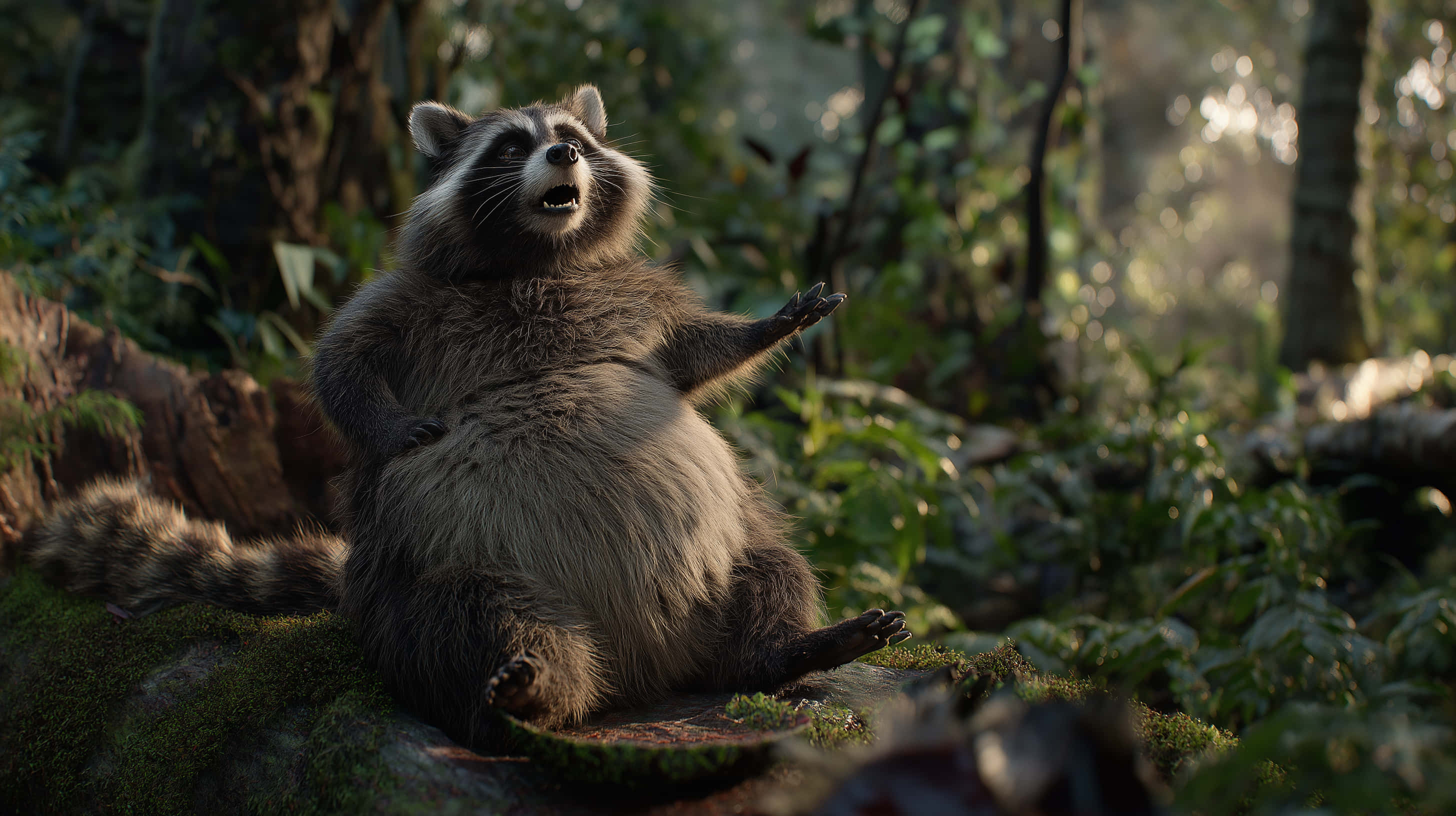 fluffy raccoon, mossy log, sunlit forest, 2K Desktop Wallpaper