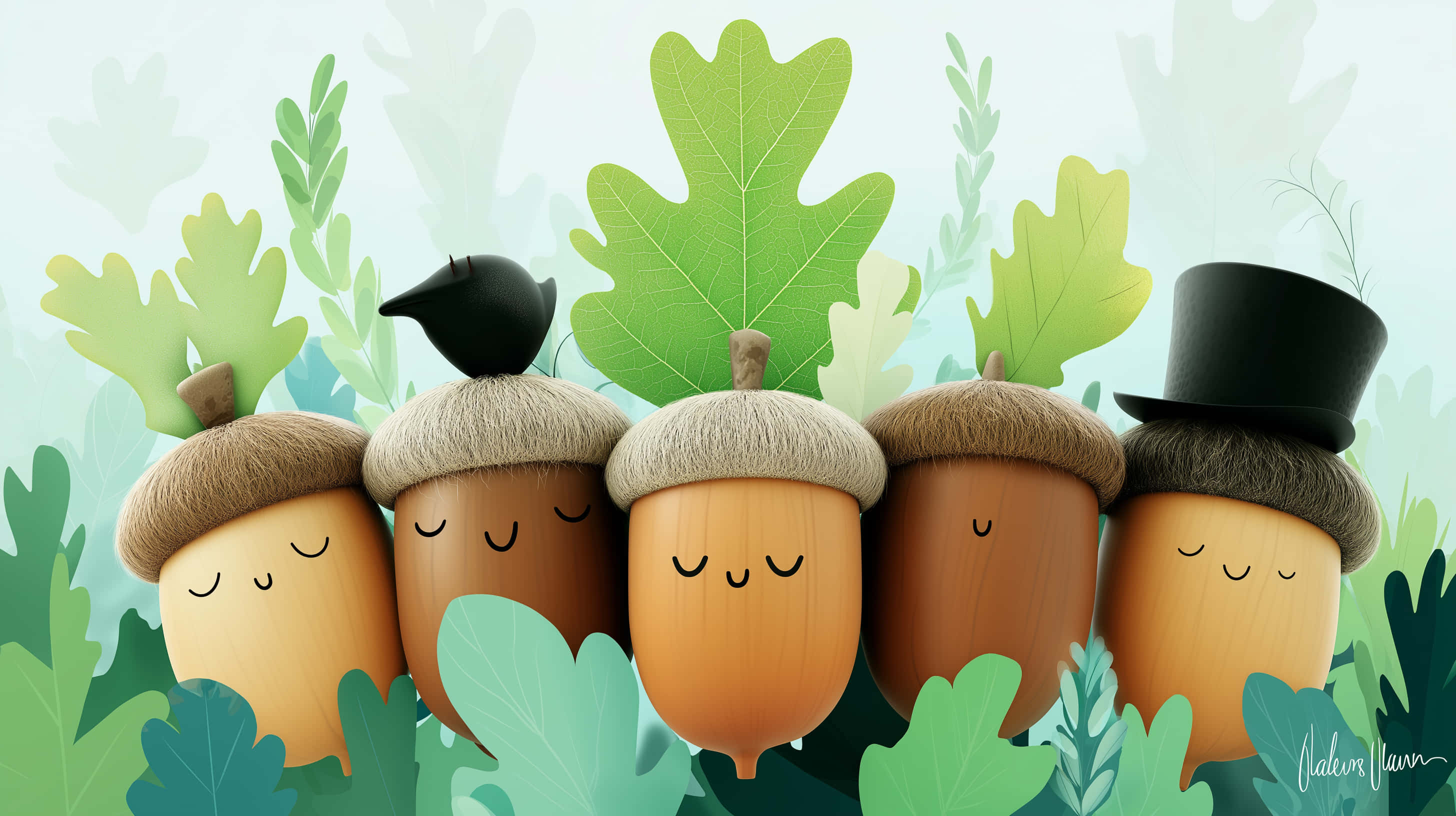 whimsical acorn friends, lush greenery, cartoon acorns, 2K Desktop Wallpaper