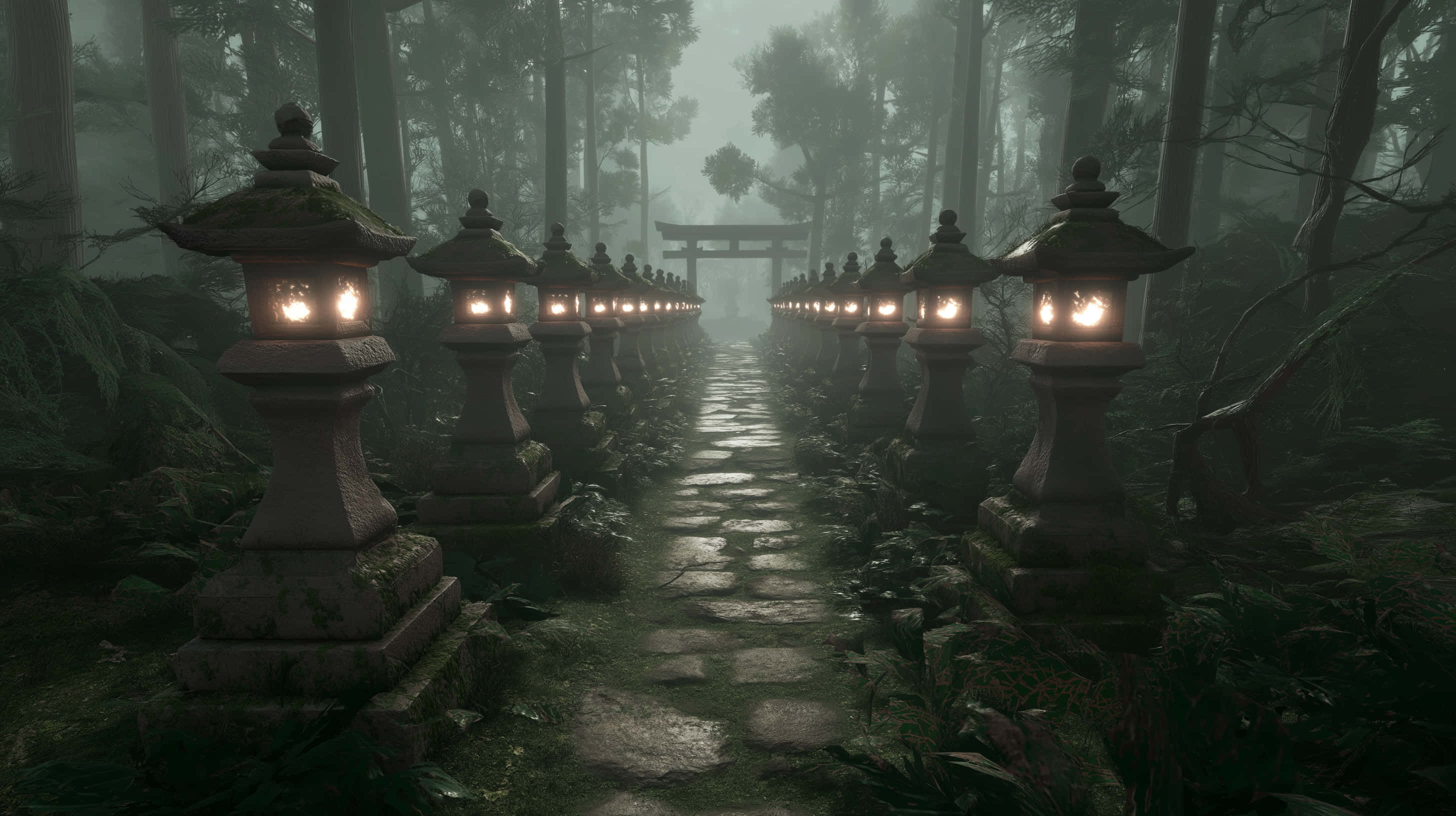 mystical forest path, stone lanterns, shrine, 2K Desktop Wallpaper