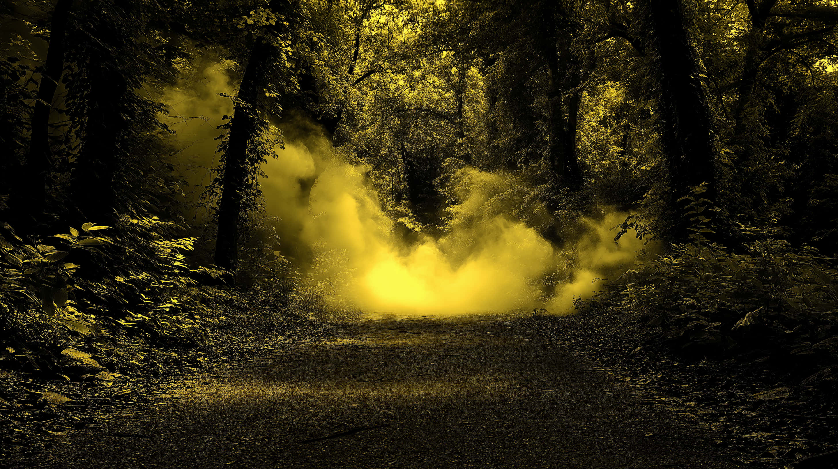 enigmatic forest path, mysterious golden mist, glowing yellow mist, 2K Desktop Wallpaper