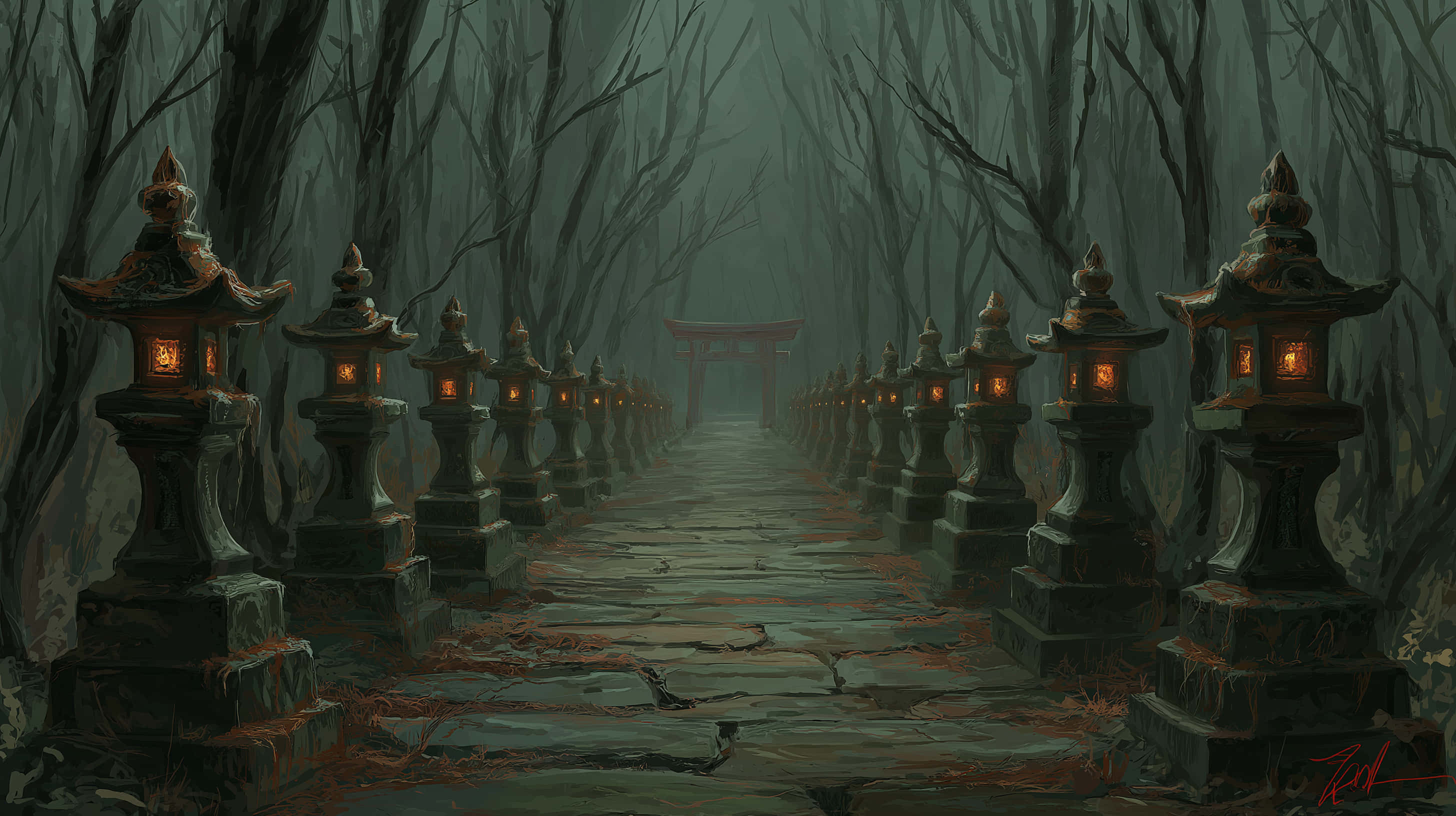 mystical forest path, stone lanterns, shrine, 2K Desktop Wallpaper